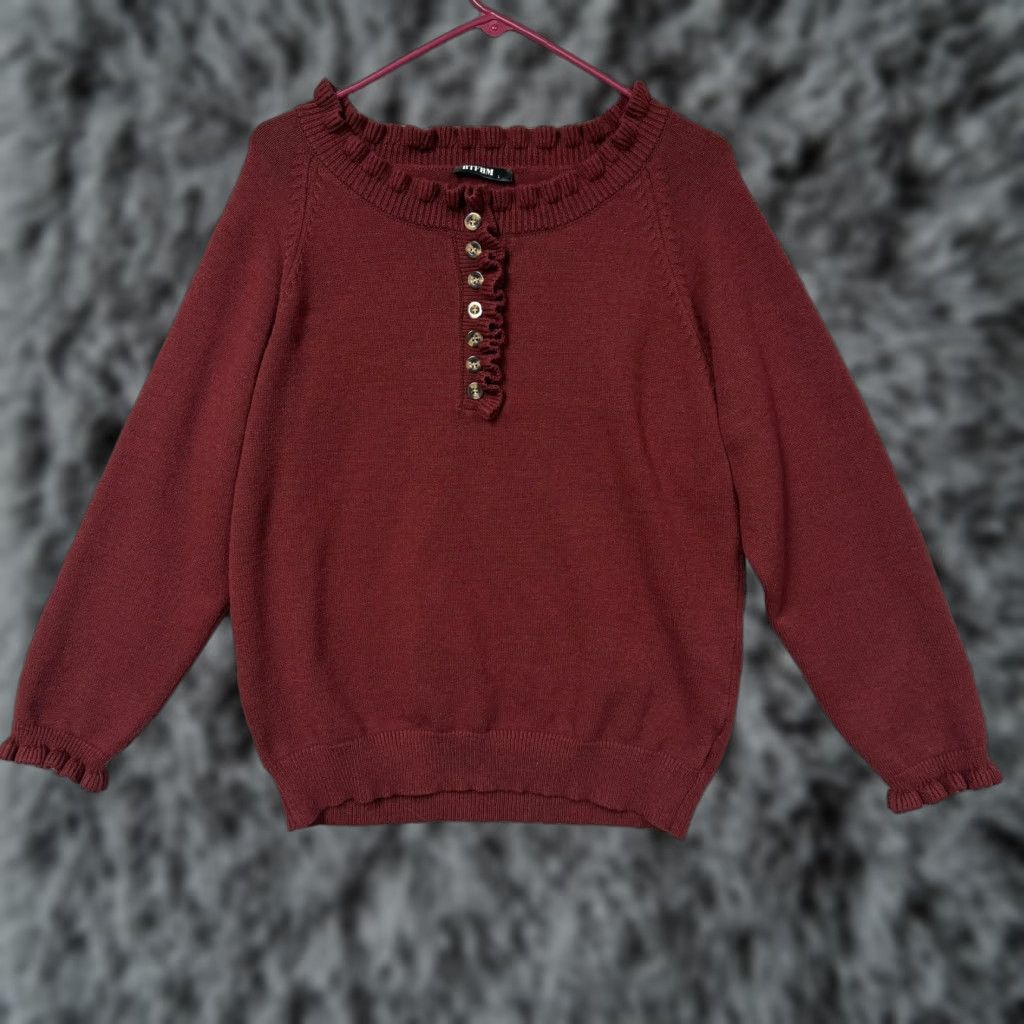 Vintage BTFBM Sweater Womens L Maroon Ruffle Henley Knit Dark Romantic Feminine Layering Size L / US 10 / IT 46 - 1 Thumbnail