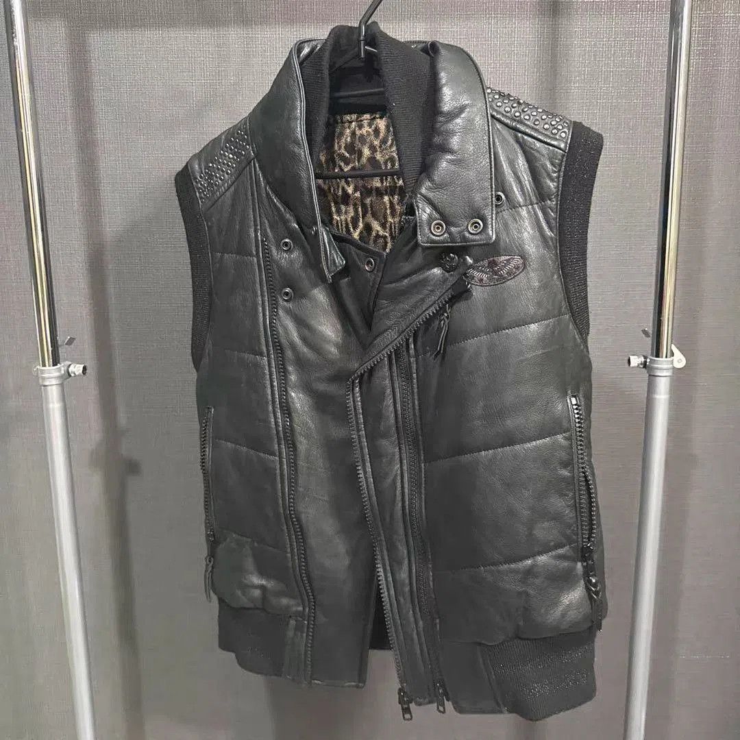 Roen Gray Leather Studded Puffer Vest. Size US L / EU 52-54 / 3 - 1 Thumbnail