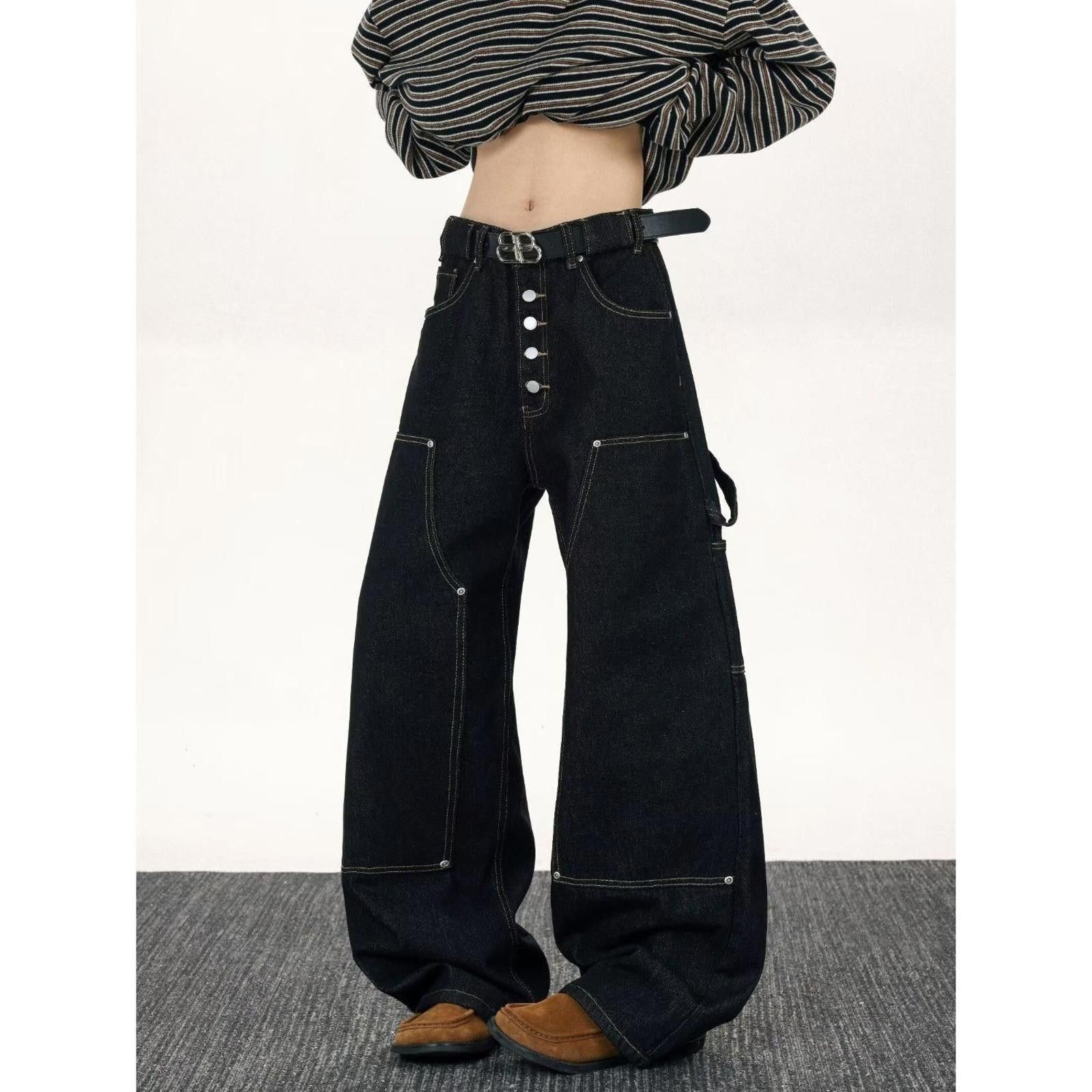 Vintage Black Wide Leg Denim Jeans, Loose Fit Carpenter Pants Size US 32 / EU 48 - 5 Thumbnail