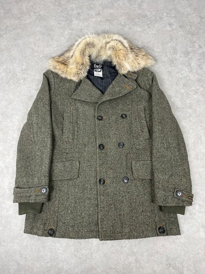 2000s Dolce & Gabbana Fur Collar Grey Wool Imperial Jacket