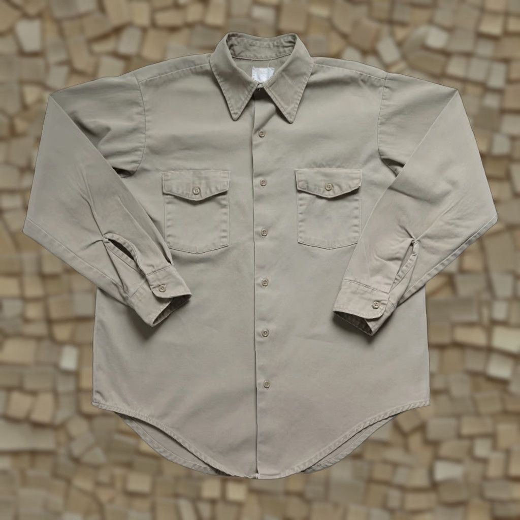 Vintage TUF NUT VTG 60s 70s USA WORKWEAR ARMY MILITARY KHAKI BUTTON FRONT SHIRT L Beige 16 1/2"> Size US L / EU 52-54 / 3 - 1 Thumbnail