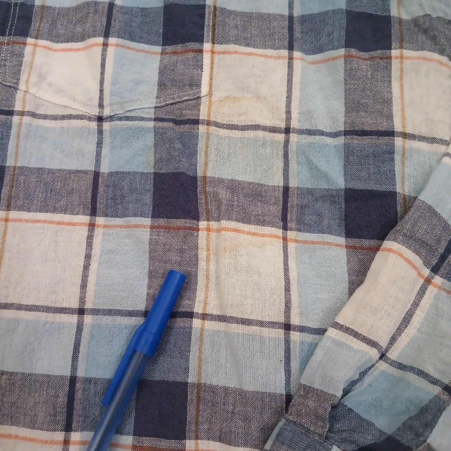 Express Express Shirt Button-Up Mens XL Blue Plaid Long Sleeve Pockets Linen Blend Cotton Size US XL / EU 56 / 4 - 5 Thumbnail