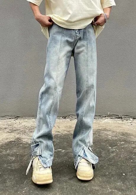 image of Vintage Streetwear Side Slit Open-Zipper Baggy Jeans in Blue, Men's (Size 32)