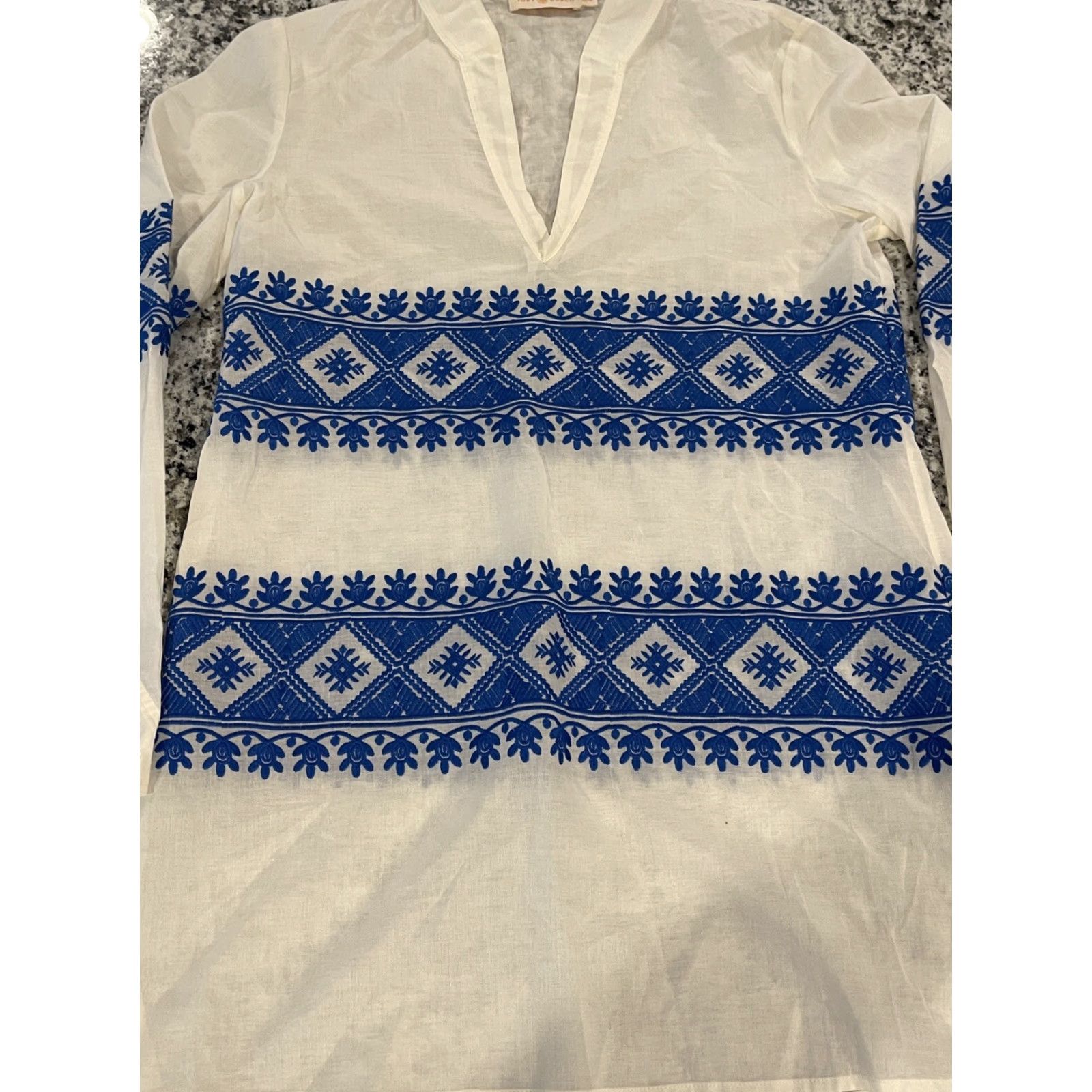 Tory Burch Tory Burch Blouse Tunic Top XS Ivory Blue Embroidered Stephanie Geometric Long Sleeve Women Size XS / US 0-2 / IT 36-38 - 2 Thumbnail