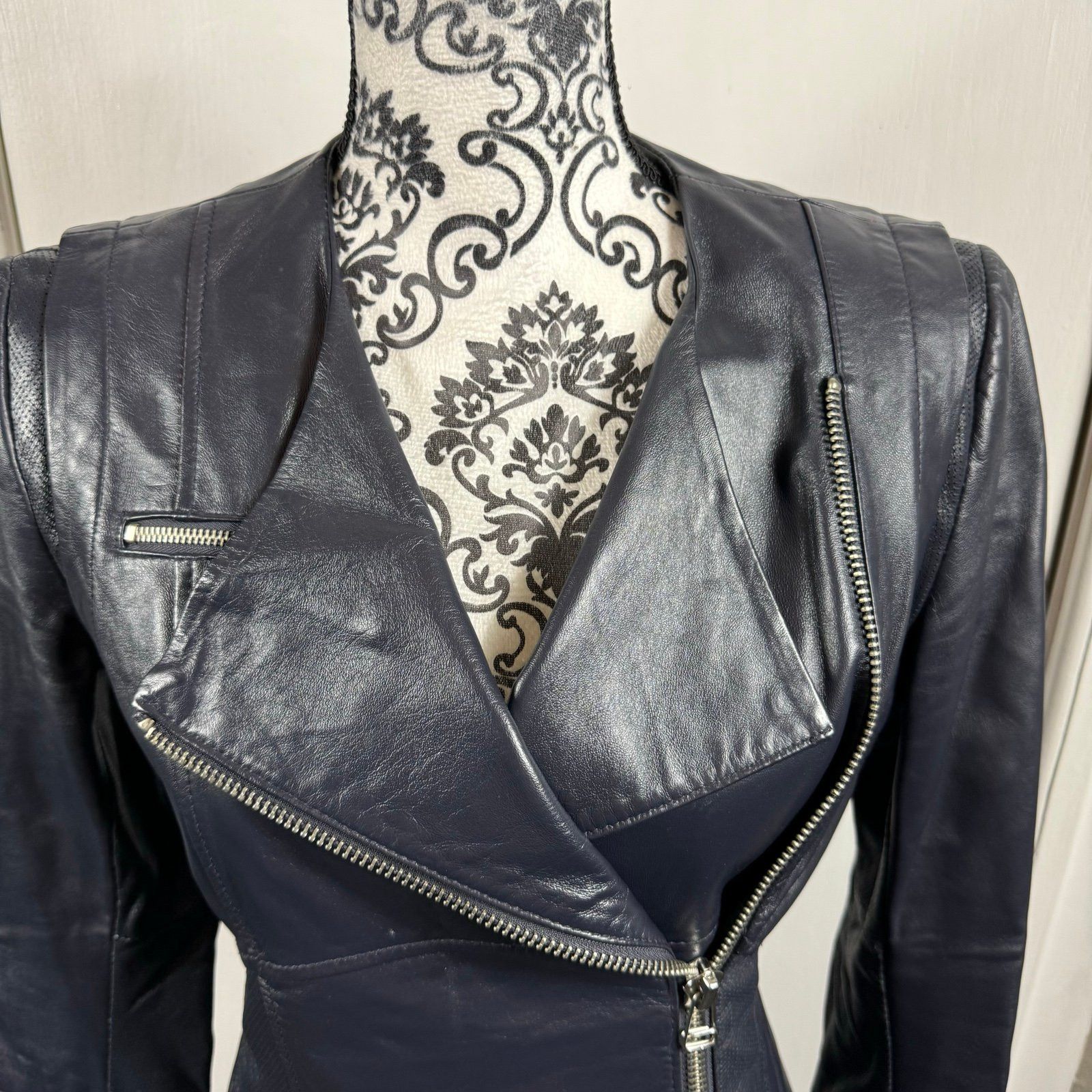 Other Philippe Adec navy blue 100% leather moto jacket size 4 Size S / US 4 / IT 40 - 2 Thumbnail
