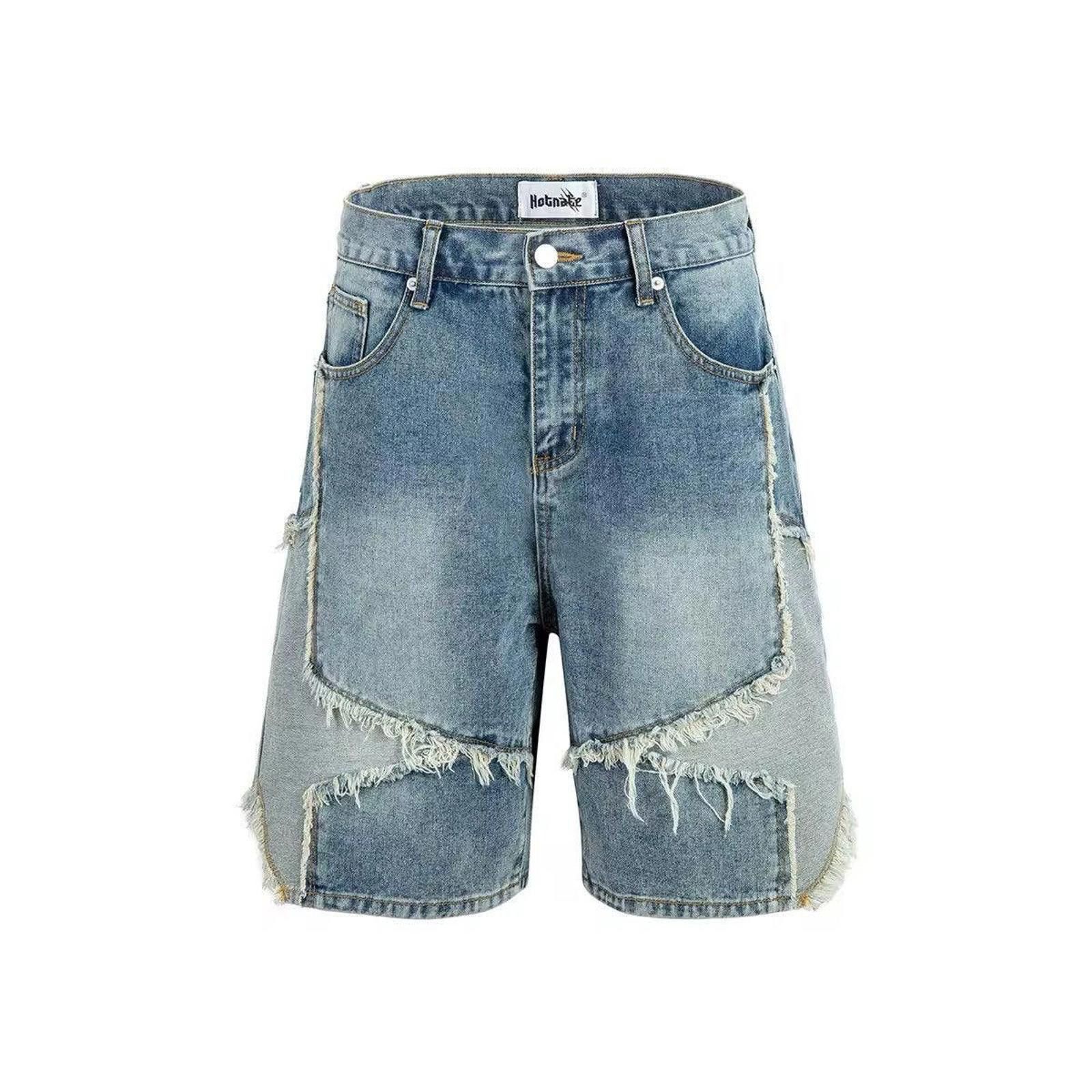 Stars Patchwork Washed Baggy Shorts, Embroidered Shorts