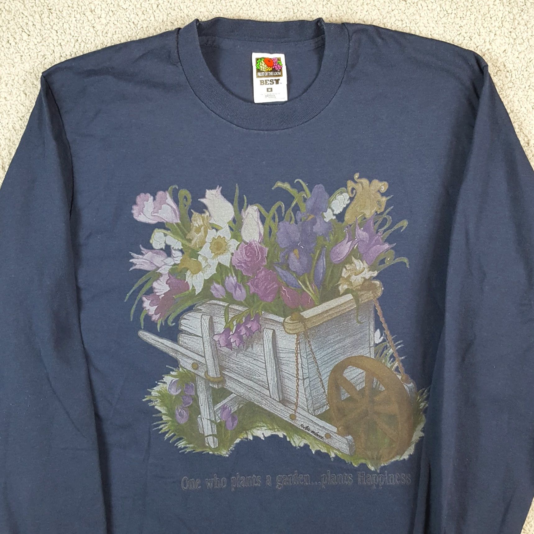 Fruit Of The Loom Vintage Fruit of the Loom Men's 90s Floral Long Sleeve T-Shirt Small Blue Outdoor Garden Retro Y2K Size US S / EU 44-46 / 1 - 2 Thumbnail
