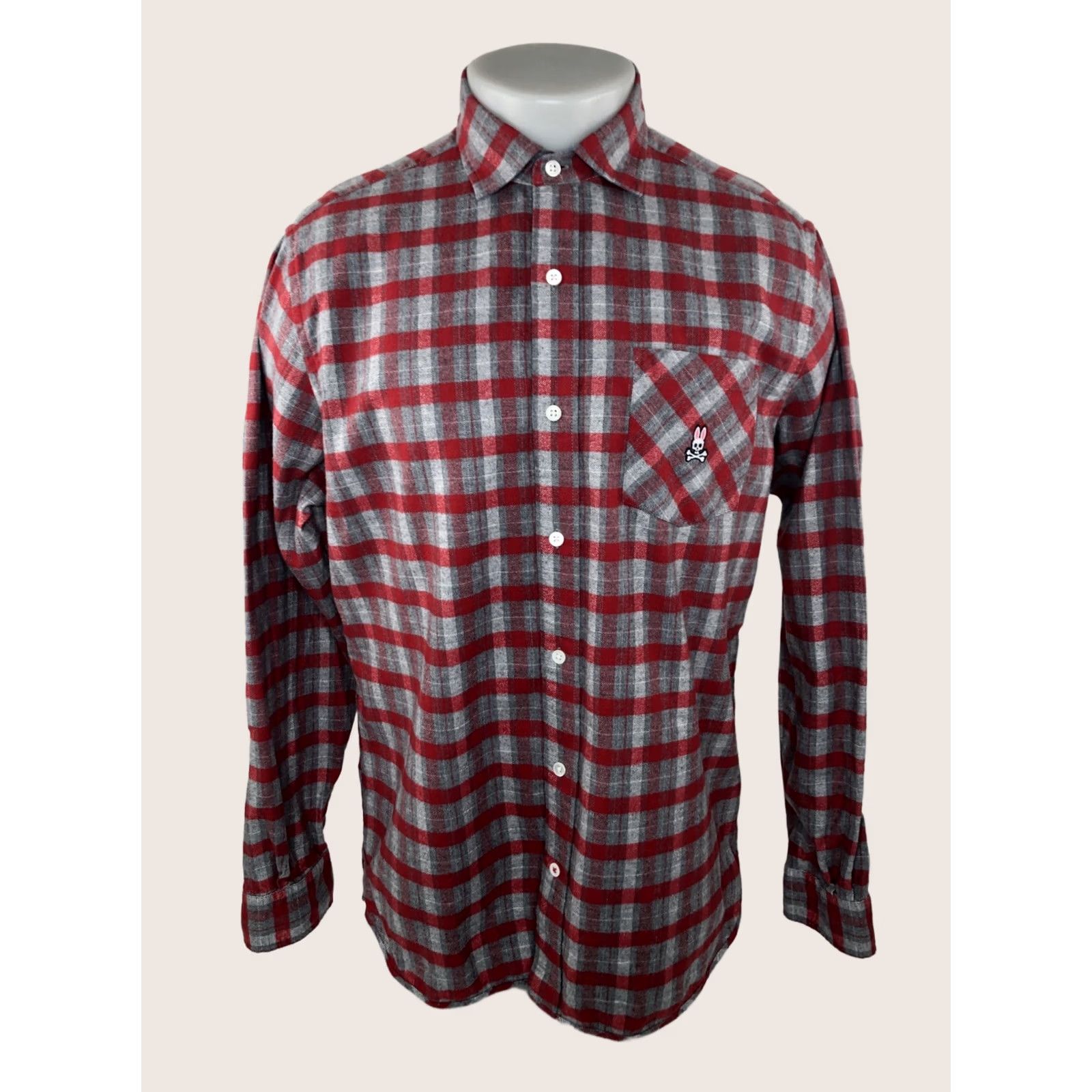 Psycho Bunny Psycho Bunny / Robert Godley Embroidered Skull Plaid Check Flannel Lg. Shirt Shirt Mens L Red / Gray Embroidered Skull 90s Style Size US L / EU 52-54 / 3 - 1 Thumbnail