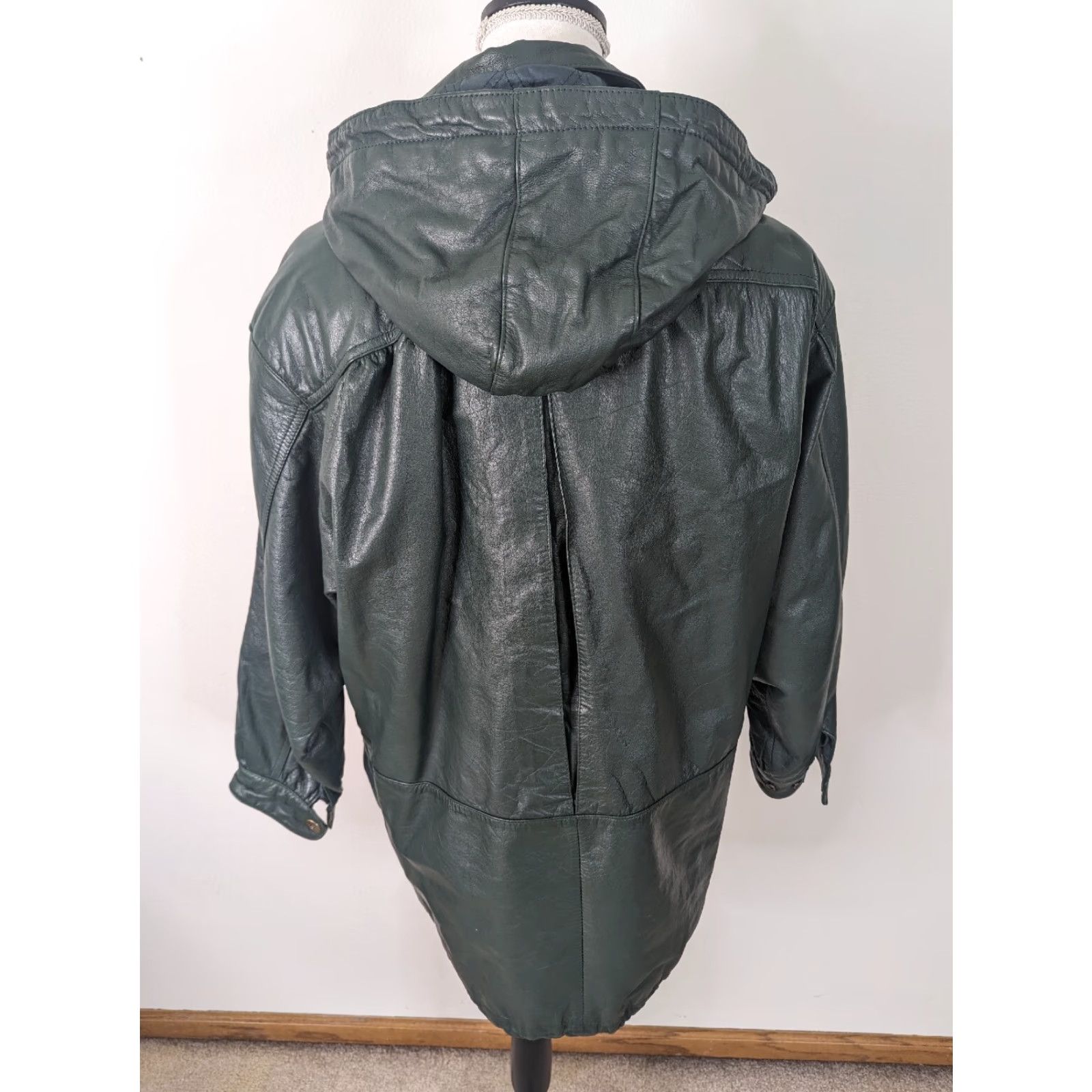 Vintage VINTAGE Green Leather Hooded Relaxed Fit Parka Jacket Coat Women M Parka Jacket Coat Women's Medium Leather Zip Lined Shoulder Pads USA 80s 90s Size M / US 6-8 / IT 42-44 - 3 Thumbnail