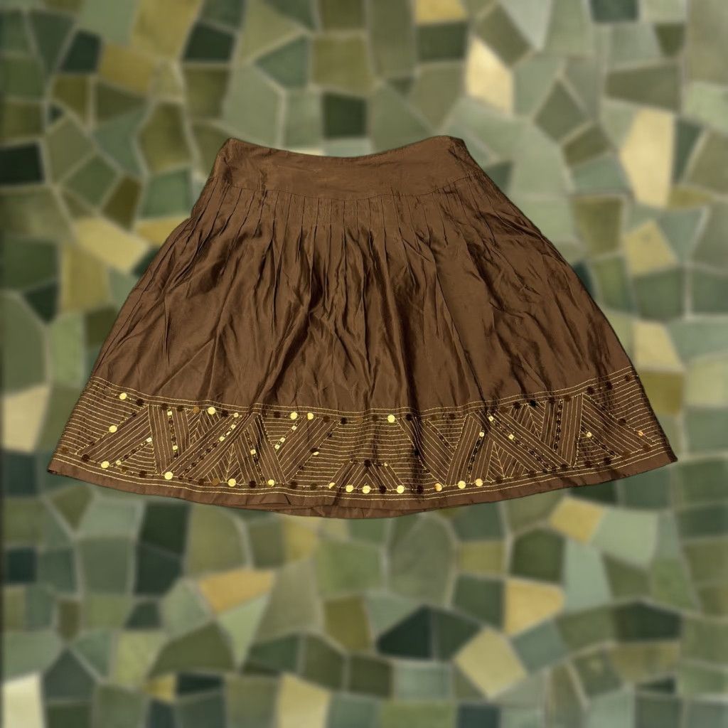 Alfani Alfani Skirt Womens 14P Brown Cotton Silk Sequin Embroidered A Line Petite Geometric Knee Length Vintage: No (Wait) Size 36" / US 14 / IT 50 - 1 Thumbnail