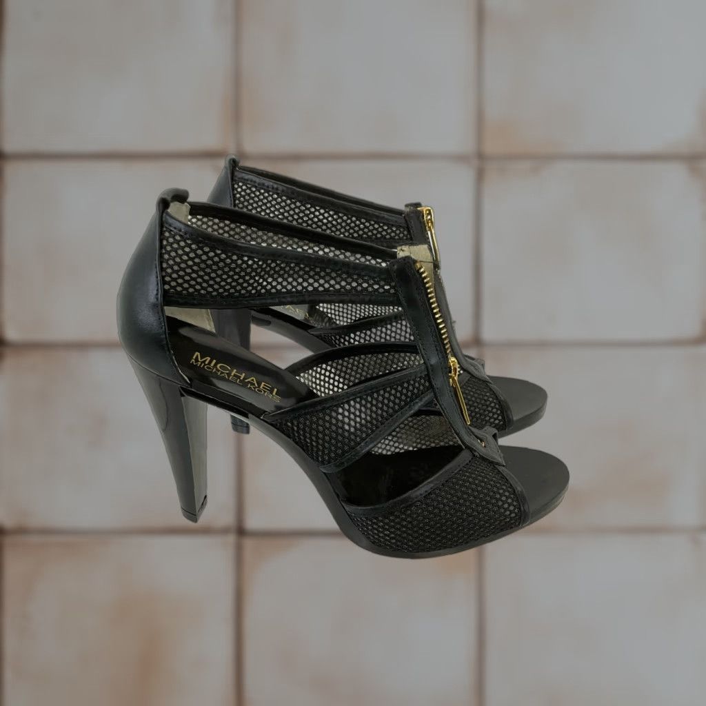Michael Michael Kors Black Leather Sheer Mesh Open Toe Pumps 6.5 Women Shoes