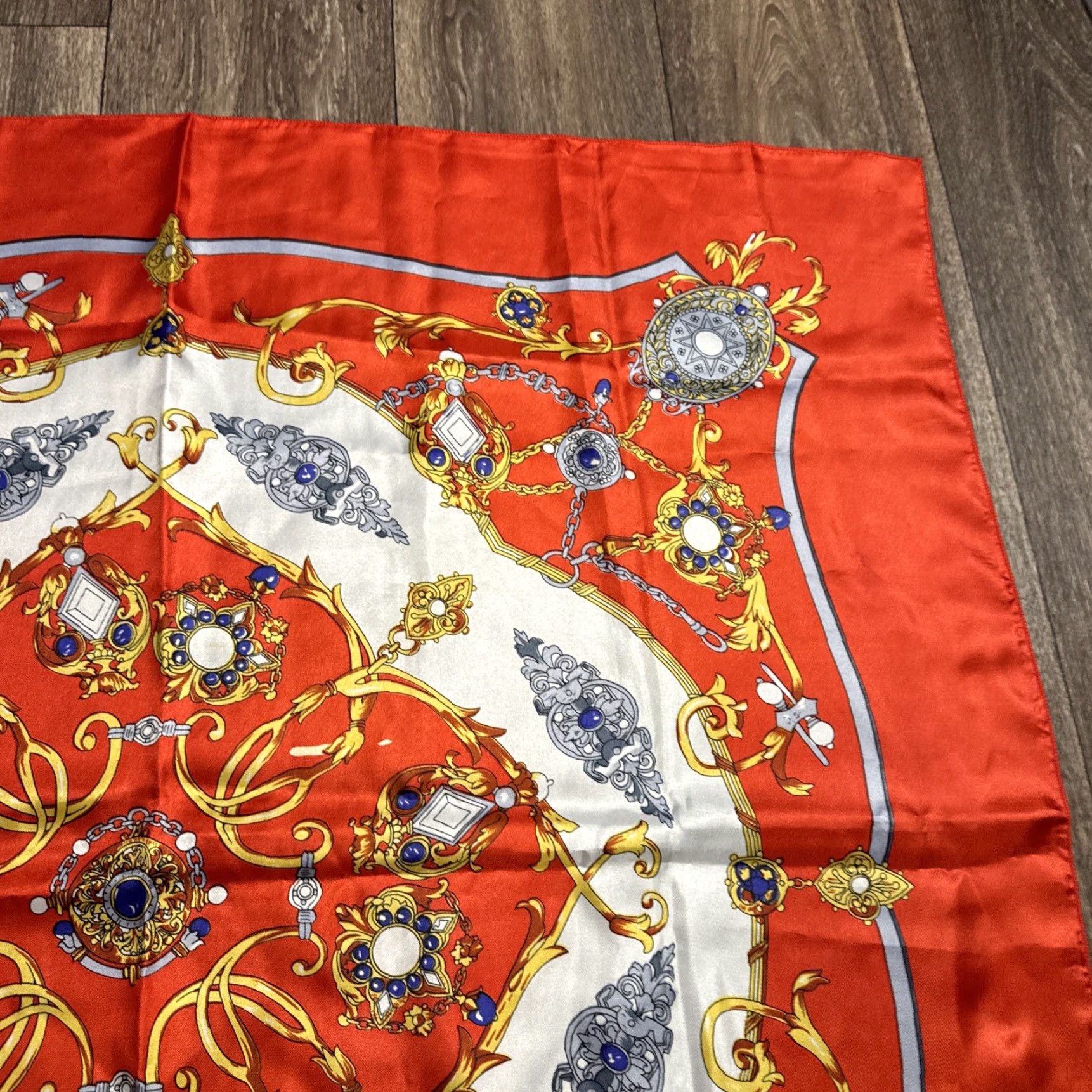 Vintage VINTAGE 90s Baroque Victorian Style Silky Red White Polyester Square Scarf Women's Red Square Scarf 33x35” Size ONE SIZE - 5 Thumbnail