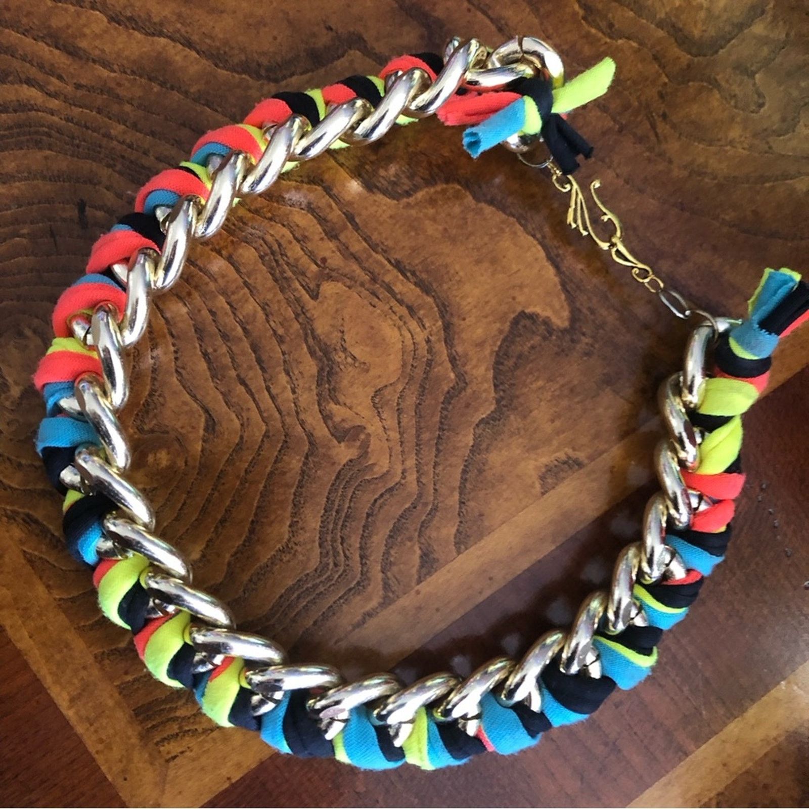 Handmade Hand crafted colorful ribbon braided gold chain necklace Size ONE SIZE - 7 Thumbnail