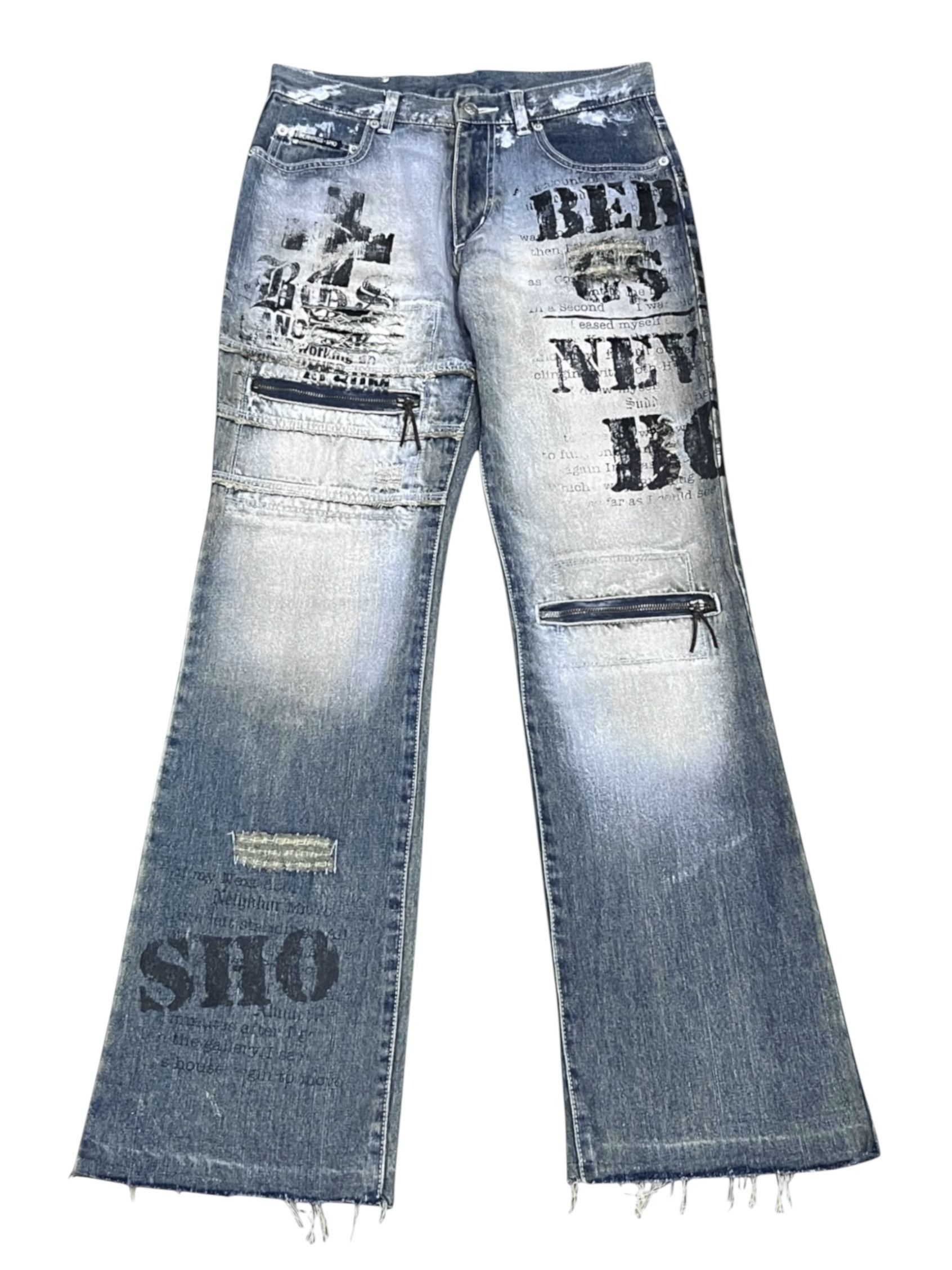 Vtg BERNINGS-SHO Punk Distressed Poem Minimalist Flare Denim