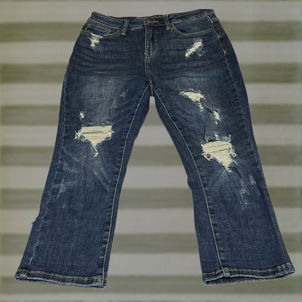 Denime Judy Blue Jeans Womens Capri Regular Stretch Distressed Blue 27x21 5-Pocket Denim High Rise Capris Size 27" / US 4 / IT 40 - 1 Thumbnail