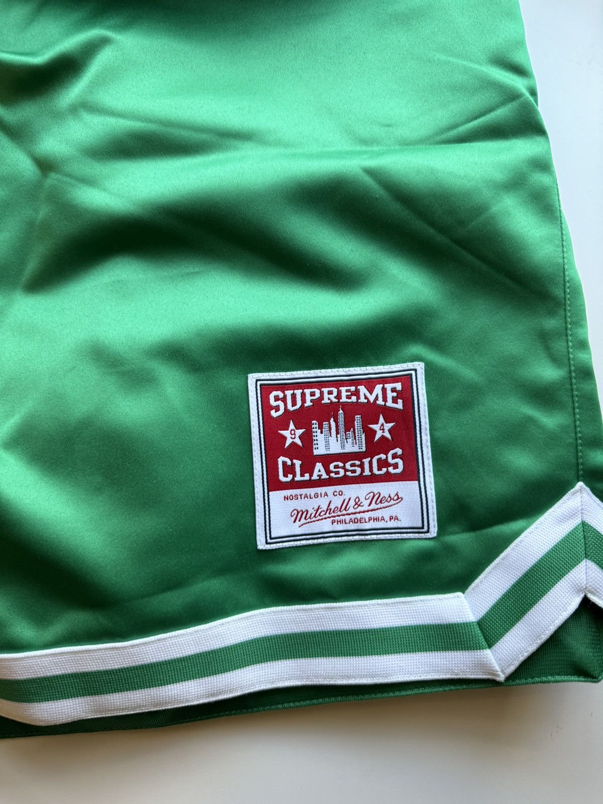 image of Mitchell Ness x Supreme Mitchell & Ness Satin Shorts in Green, Men's (Size 34)