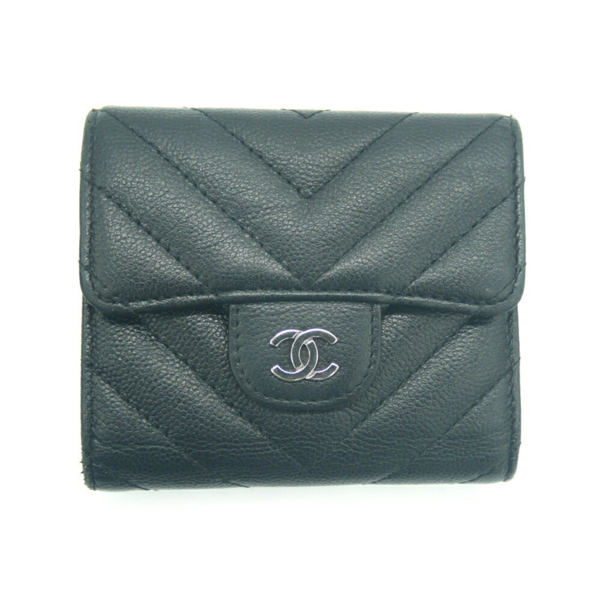 image of Chanel V Stitch Small Flap Wallet Trifold Coco Mark Caviar Skin Black A81900, Women's