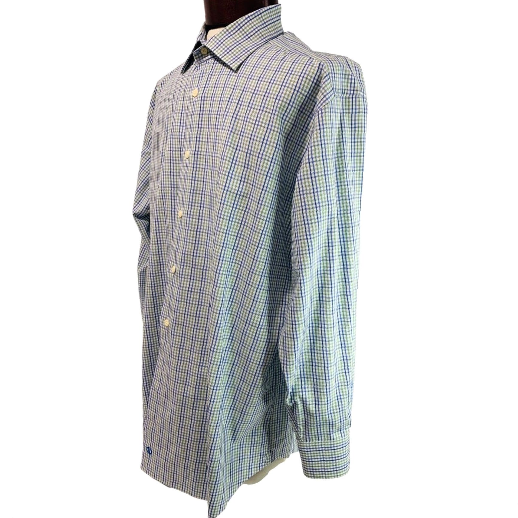 David Donahue VINTAGE David Donahue Mens Button Up Dress Shirt Plaid Green Blue 17.5 32/33 Regular Chest 26 Length 32.5 Sleeve 23 Mens Size 48R - 4 Thumbnail