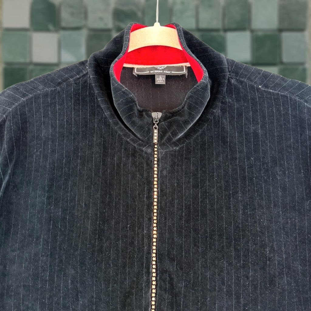 St. John St. John Sport Track Jacket Womens Large Velour Black Pinstripe Full Zip LS VTG Size L / US 10 / IT 46 - 1 Thumbnail
