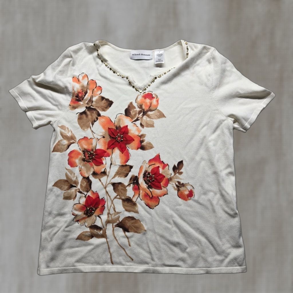 Vintage Alfred Dunner Floral Sweater Short Sleeve Adult Women's Small White Cotton Blend Classic Size S / US 4 / IT 40 - 1 Thumbnail