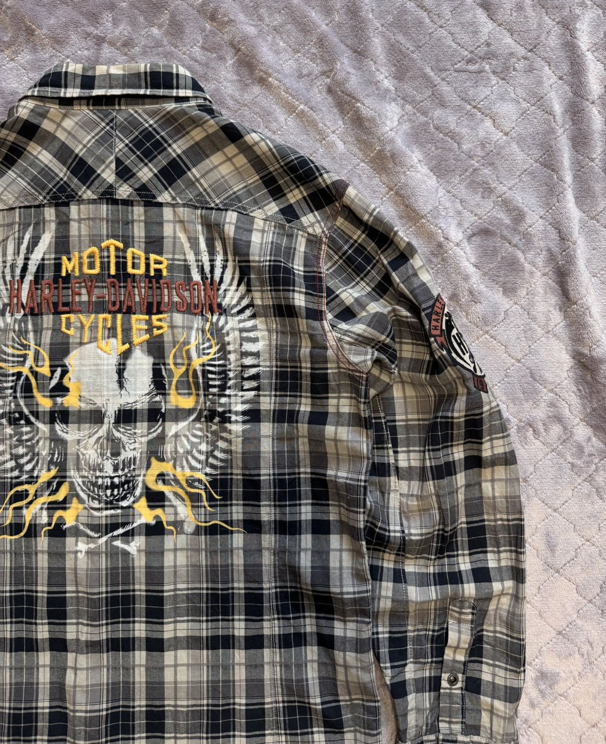 Harley Davidson × Vintage Vintage Harley Davidson Skull Big Logo Flannel Shirt Plaid Size US XL / EU 56 / 4 - 3 Thumbnail