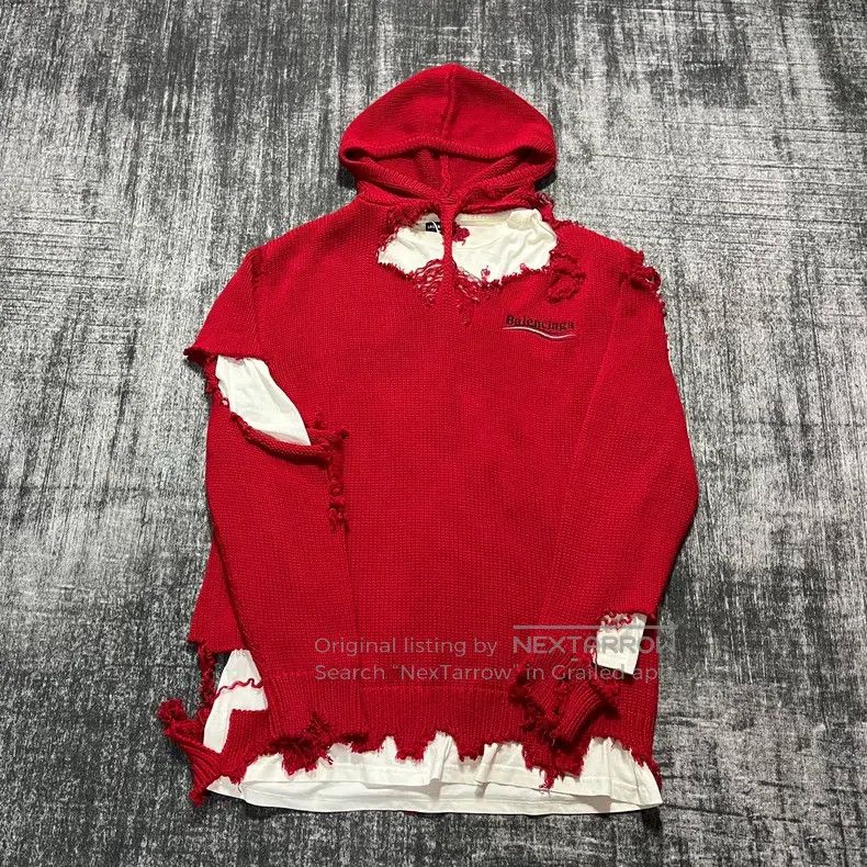 Balenciaga Balenciaga Red Coke Wave Destroyed Knit Sweater Faux Two-P Size US XS / EU 42 / 0 - 1 Thumbnail