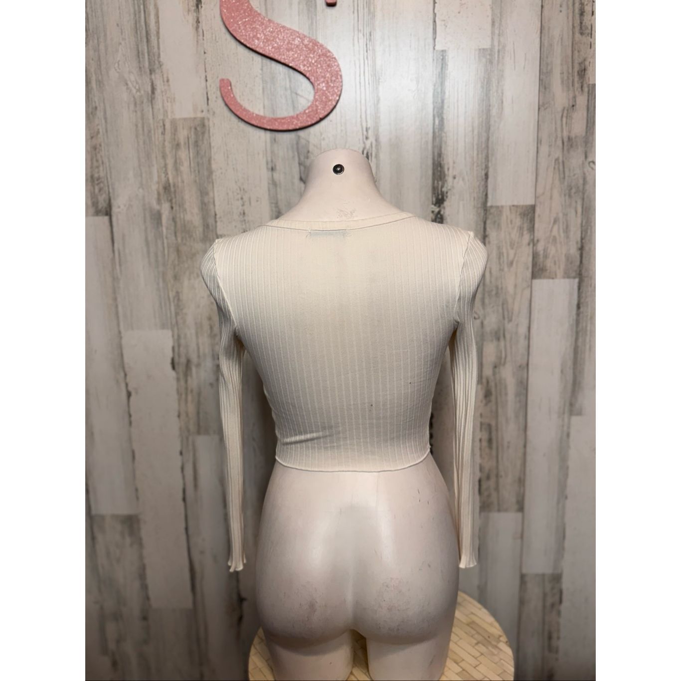 Other White Ribbed Button Front Long Sleeve Crop Top Size S Size S / US 4 / IT 40 - 2 Thumbnail