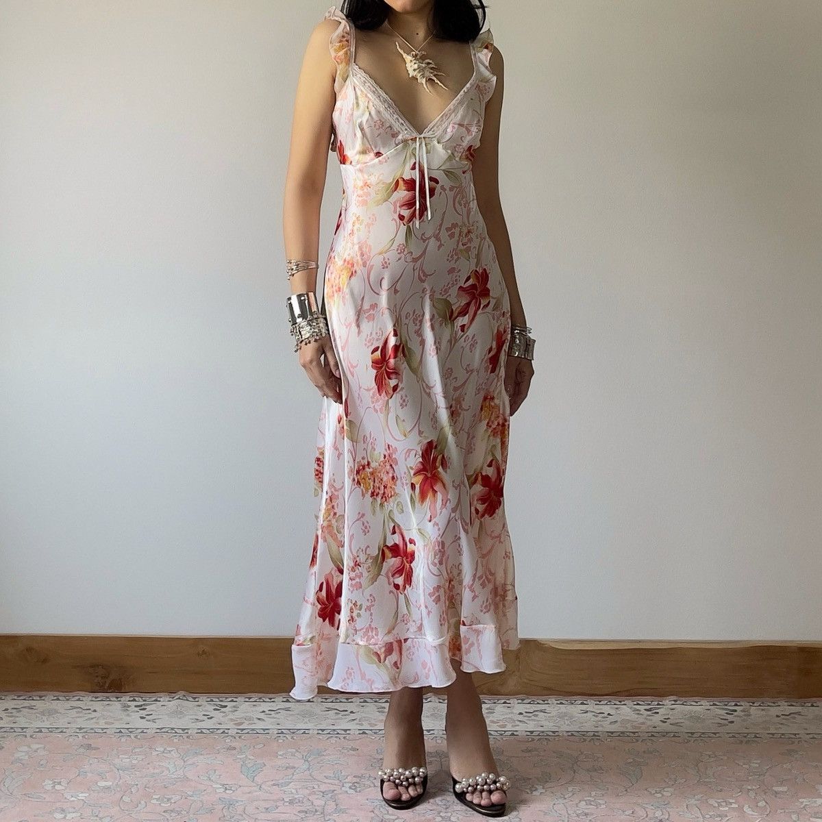 Other Romantic White Floral Satin Maxi Slip Dress (L) Size L / US 10 / IT 46 - 9 Thumbnail