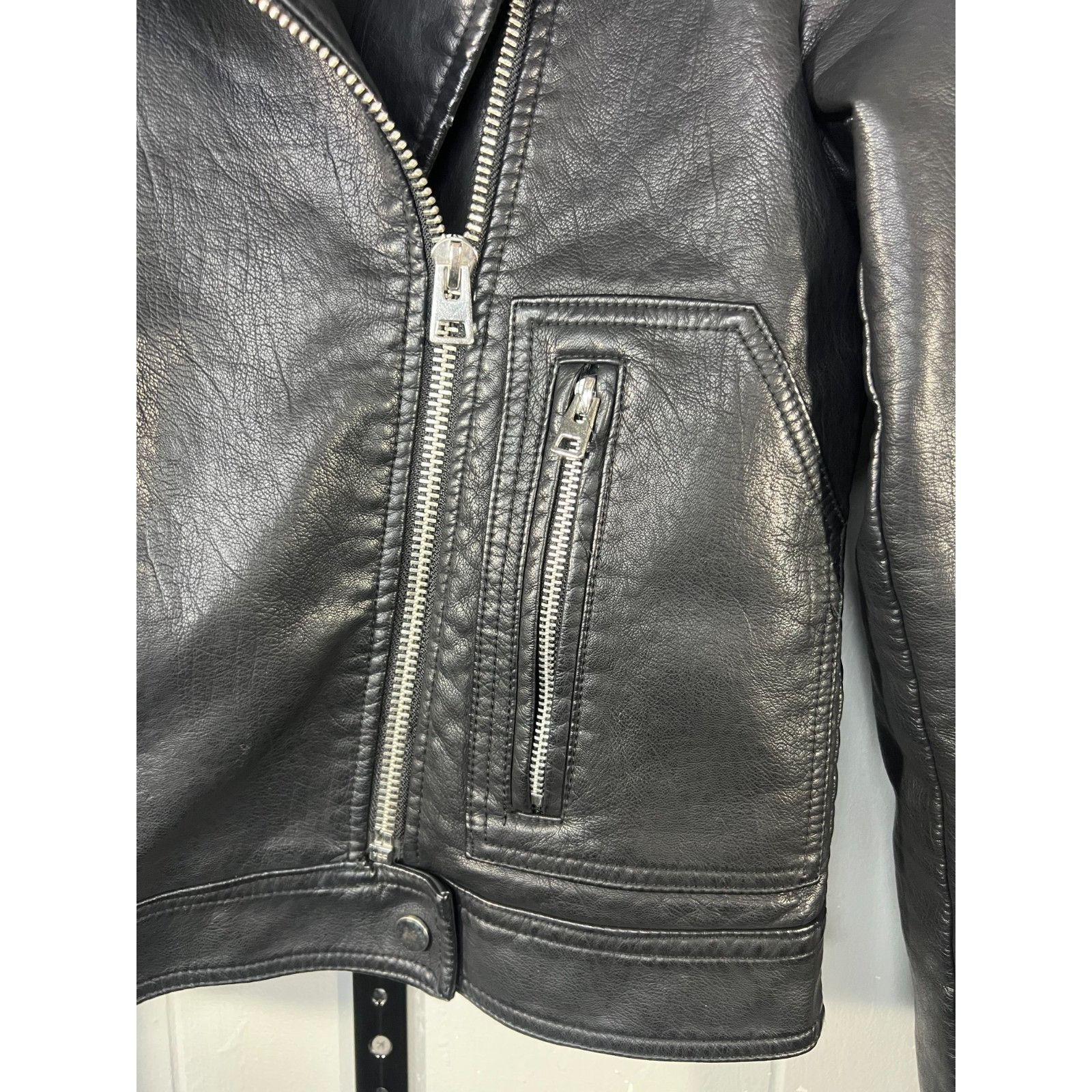 Topshop TOPSHOP Women’s Black Faux Leather Biker Jacket Motorcycle S Size XS / US 0-2 / IT 36-38 - 7 Thumbnail