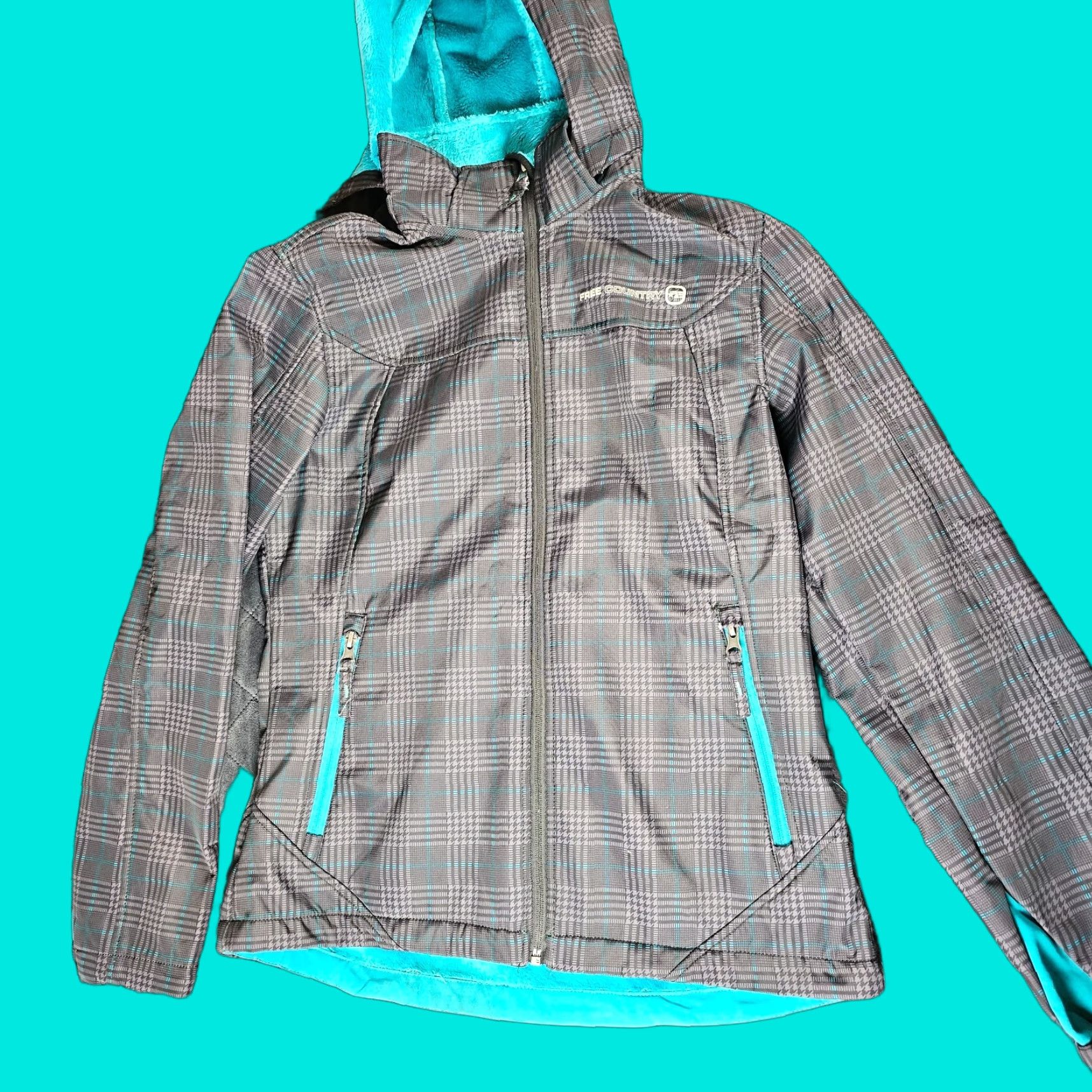 Free Country Free Country Jacket Teens Size S Turquoise Lined Plaid Gray Hooded Faux Fur Size S / US 4 / IT 40 - 1 Thumbnail