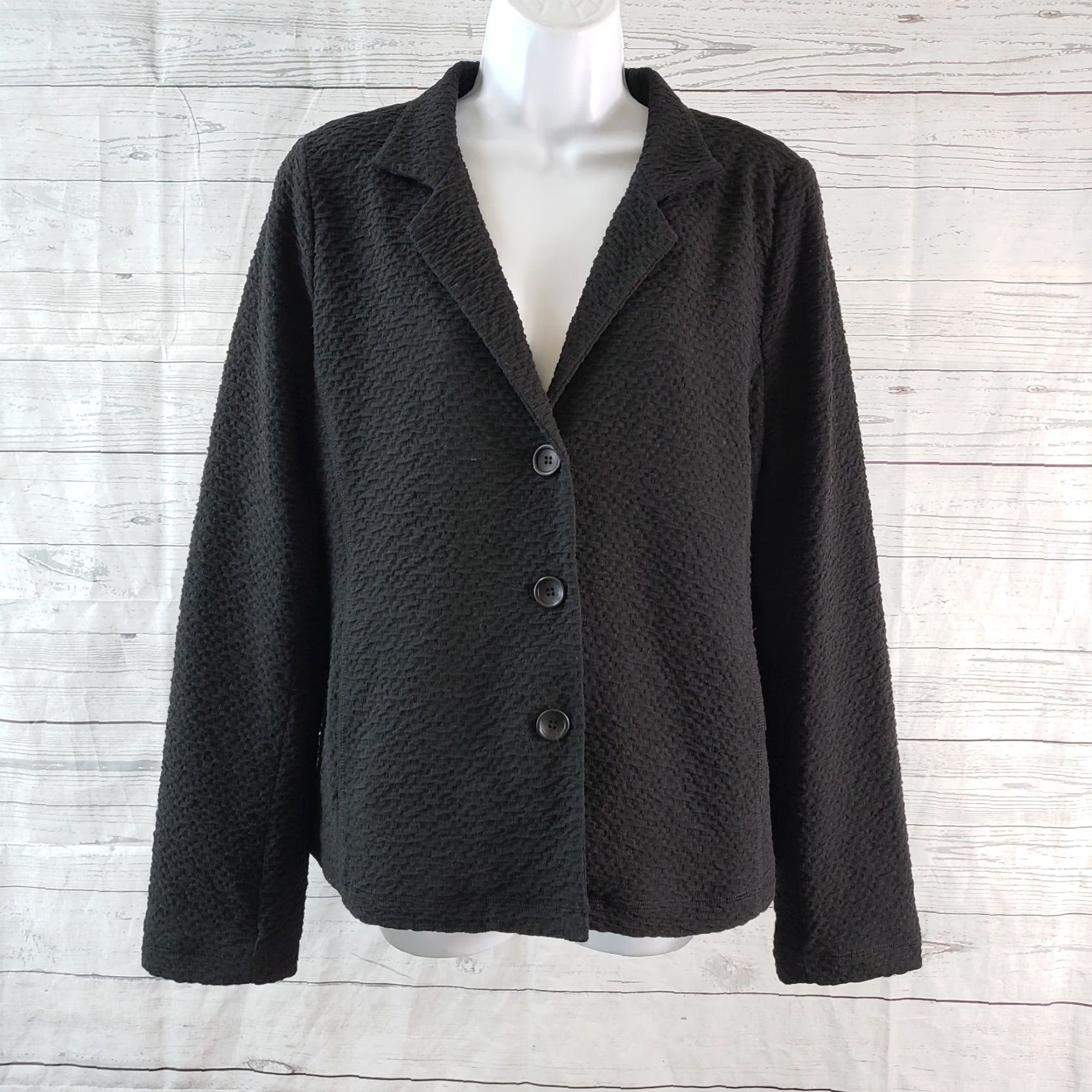 Eileen Fisher Eileen Fisher Womens Jacket M Black Button Front Textured Solid Modern Basic Jacket Mens? Size M / US 6-8 / IT 42-44 - 2 Thumbnail