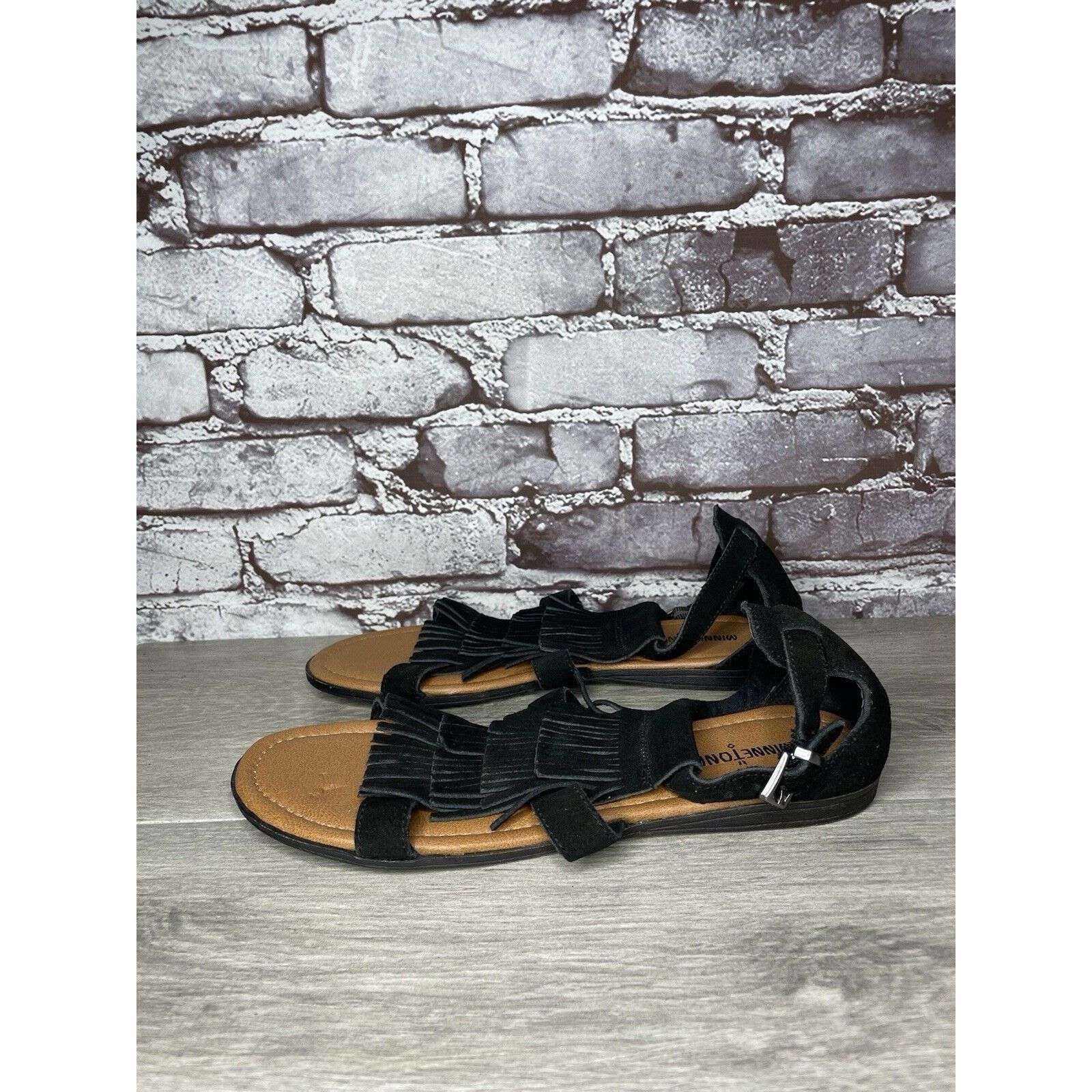 Minnetonka Minnetonka Maui Ankle Strappy Fringe Flats 71302 Black Suede Size US 10 / IT 40 - 11 Thumbnail