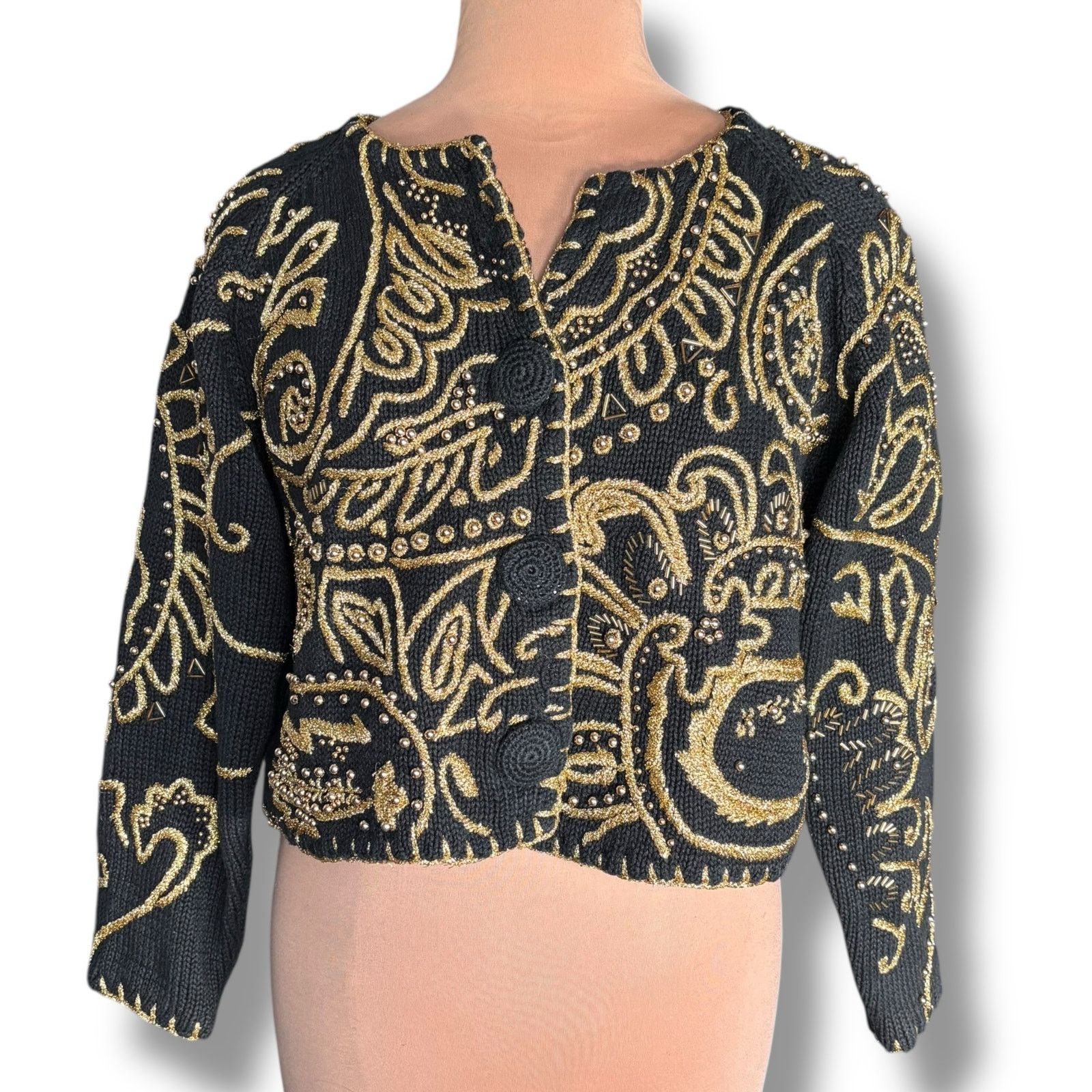 Henri Bendel Vintage 90s Michael Simon Henri Bendel Black Gold Cardigan Size L / US 10 / IT 46 - 3 Thumbnail