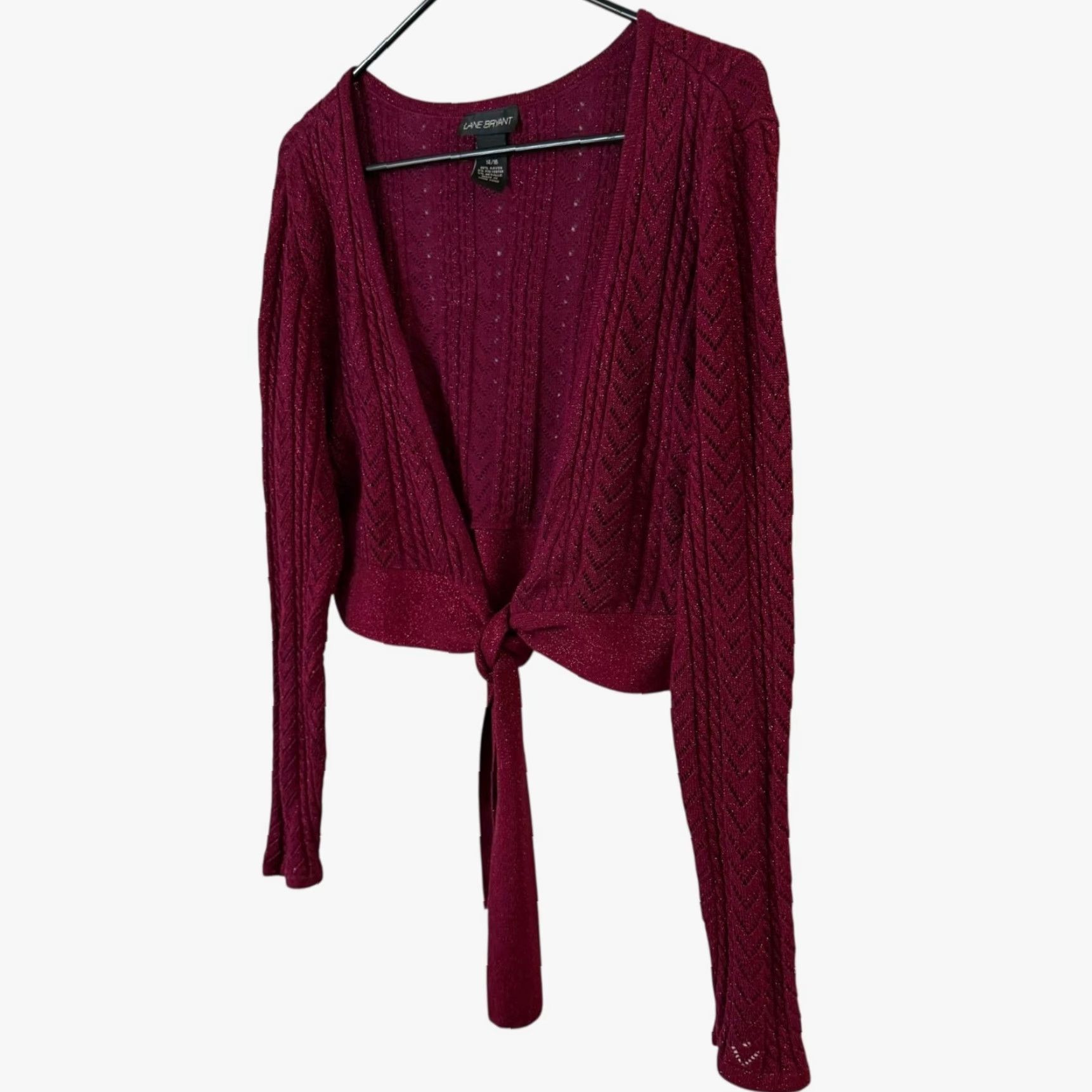 Vintage Lane Bryant Metallic Knit Tie-Waist Cropped Cardigan Red Women's 16 Cardigan Bohemian Preppy City Winter Spring Fall Knit Open Sleeve Long Sleeve Size XXL / US 16-18 / IT 52-54 - 2 Thumbnail