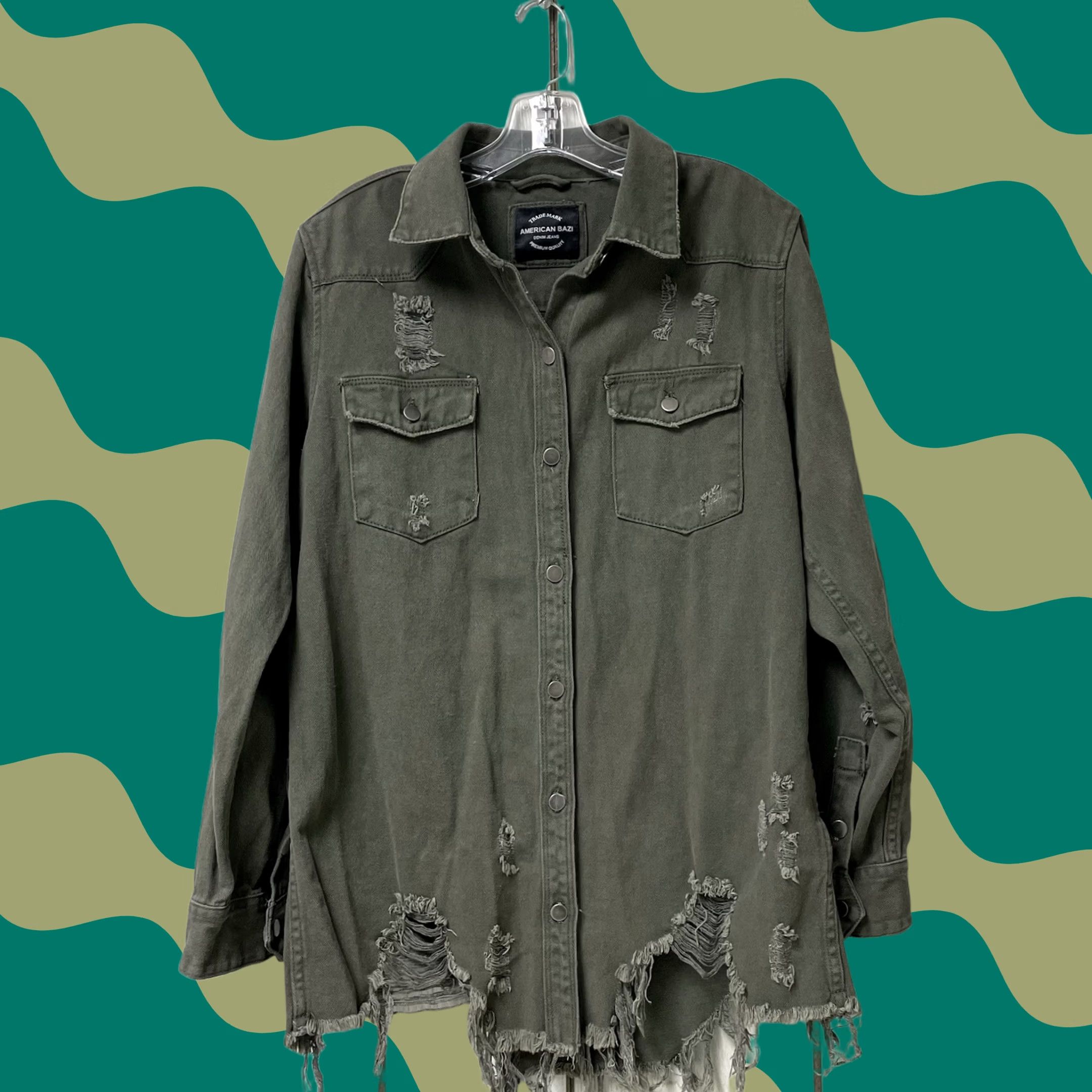 Olive VINTAGE American Bazi Women Olive Green Distressed Denim Button-Up Shacket Jacket L Size L / US 10 / IT 46 - 1 Thumbnail