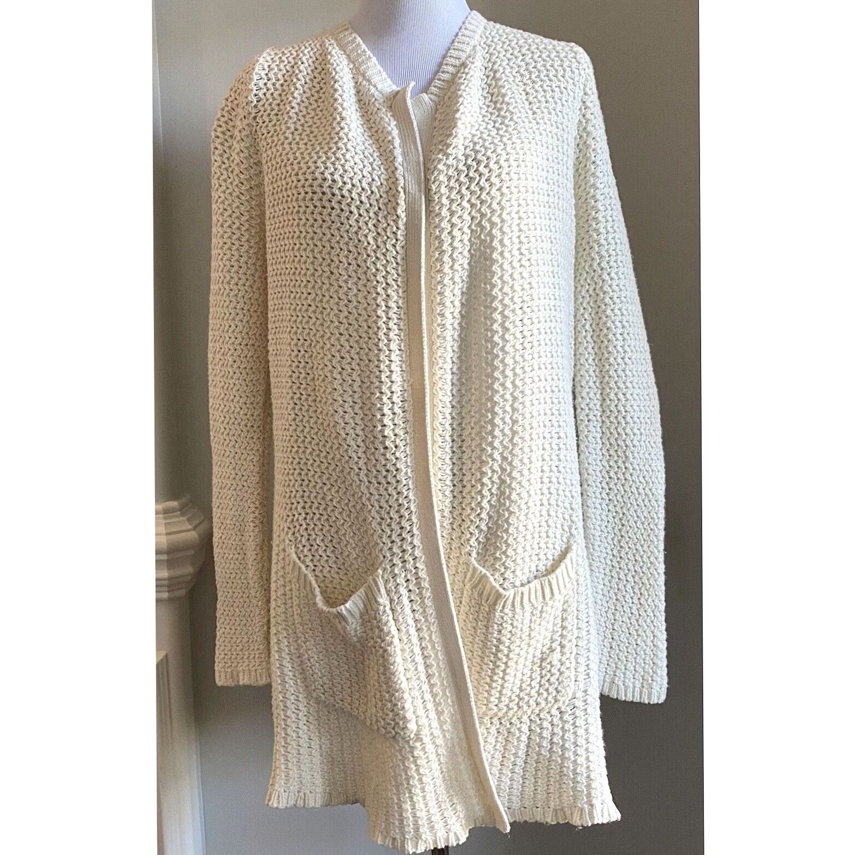 Lucky Brand Lucky Brand Cardigan Sweater Cream Chunky Knit Open Front Longline Pockets Sz M Womens Jacket Knit Open Front Cardigan Cream Ivory Size M / US 6-8 / IT 42-44 - 2 Thumbnail