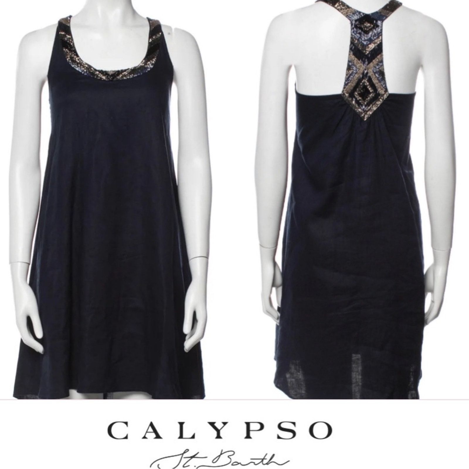 Calypso St Barth Calypso St Barth Navy Blue Linen Sequin Neck Tank Dress XS Size XS / US 0-2 / IT 36-38 - 1 Thumbnail