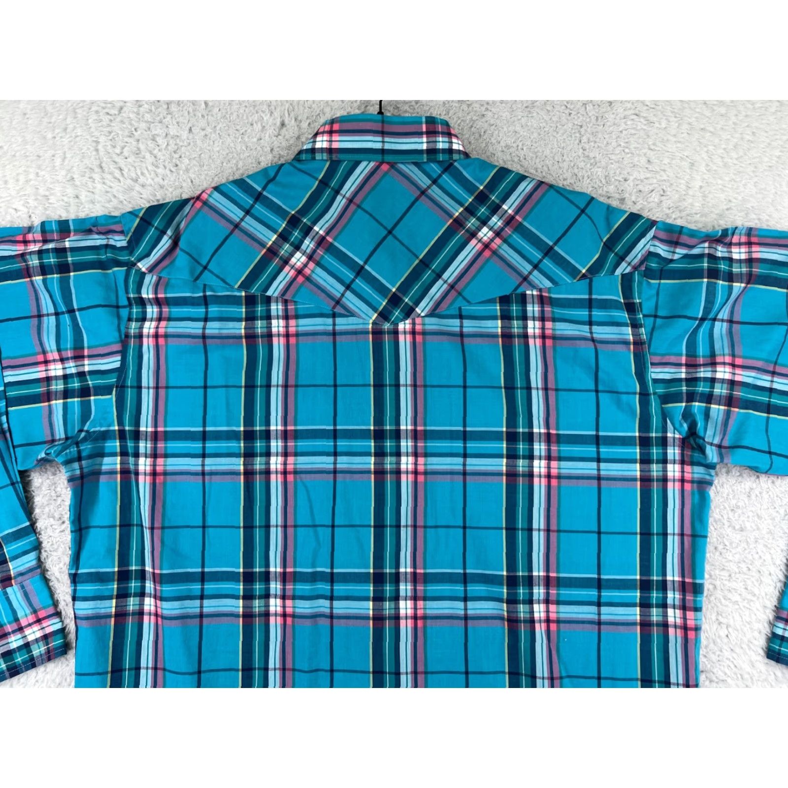 Wrangler Wrangler Shirt Mens Blue Plaid 17.5 Polyester Western Pearl Snap X-Long Tails Button-Up Size US XXL / EU 58 / 5 - 6 Thumbnail