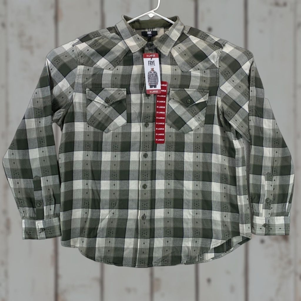 Frye NEW Frye Mens XL Cotton Green Jacquard Flannel Plaid Button Up Long Sleeve NWT Size US XL / EU 56 / 4 - 1 Thumbnail