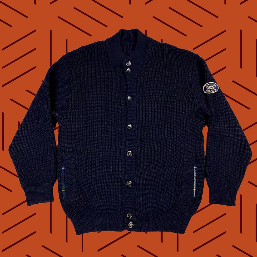 Vintage VINTAGE LANEROSSI ITALY Leather Button Cardigan Navy Blue Wool 50s 60s Marine Winglet L Mens Cardigan Size US L / EU 52-54 / 3 - 1 Thumbnail