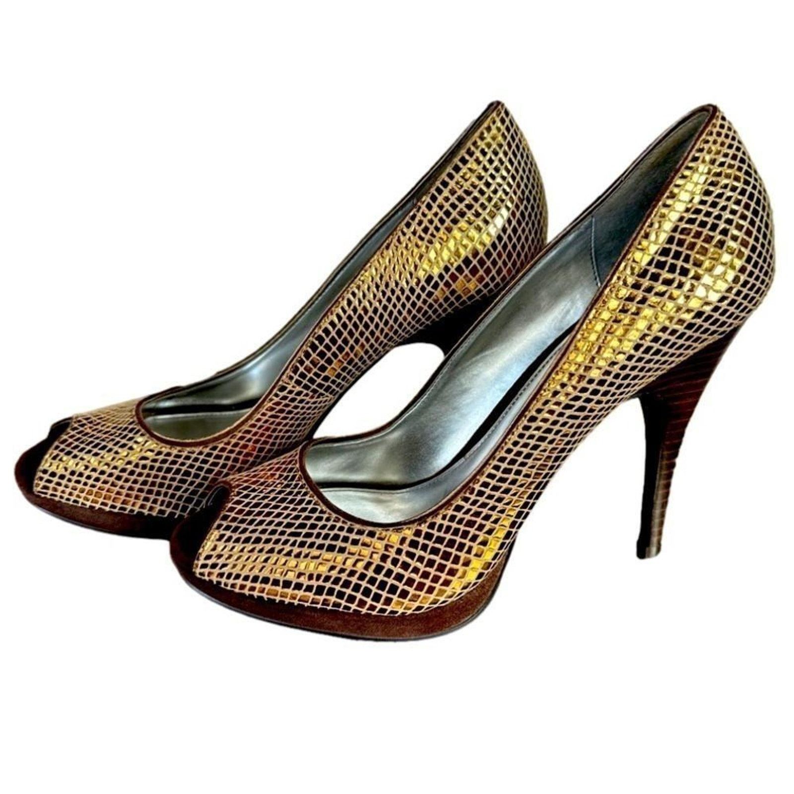 Calvin Klein Calvin Klein Gold Mesh Peep-Toe Pump Heels Size US 7.5 / IT 37.5 - 1 Thumbnail