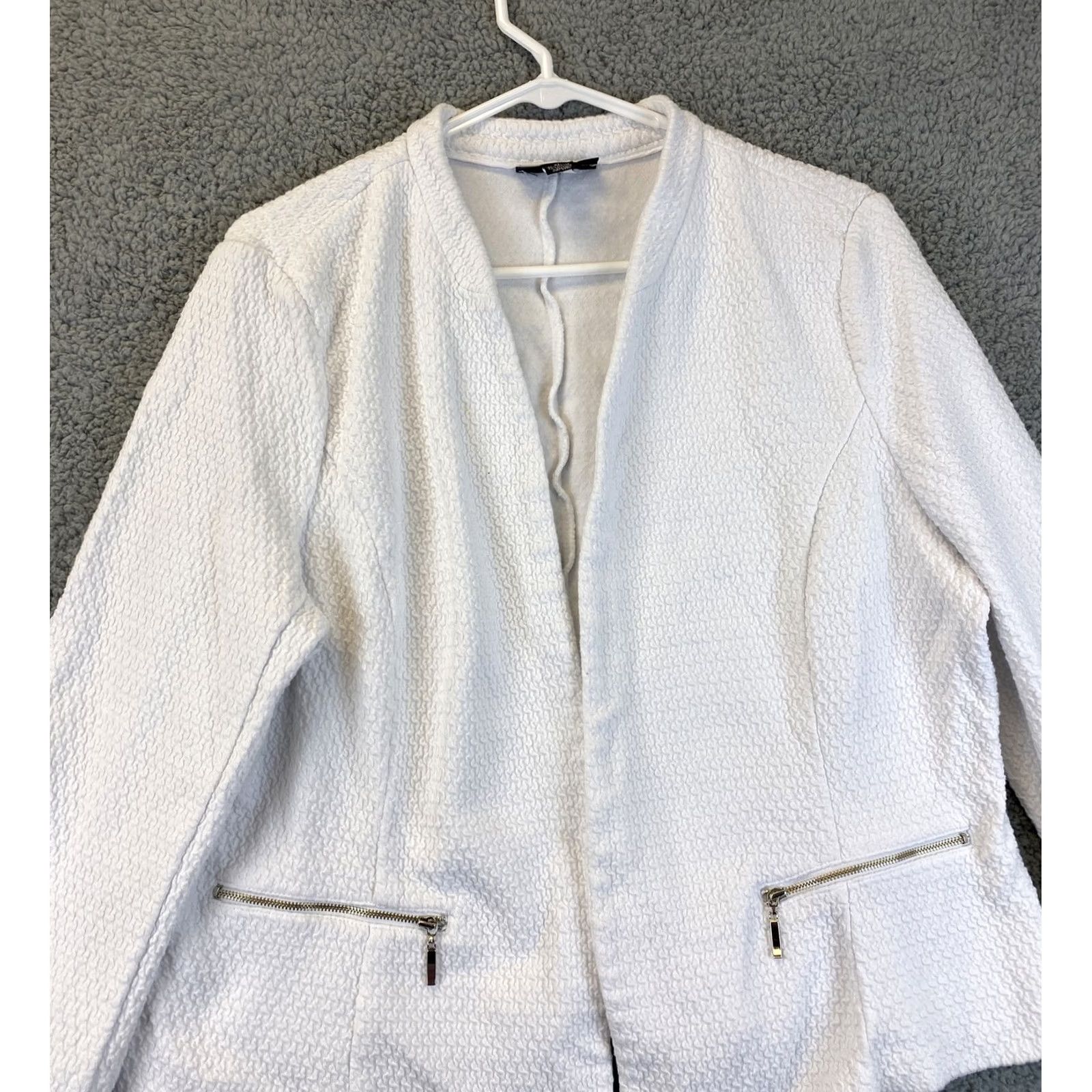 Alfani ALFANI Blazer Jacket Women’s Size L White Open Front Zip / 22-41 Jacket Womens L White Zip Open Front Cotton Blend Size L / US 10 / IT 46 - 2 Thumbnail