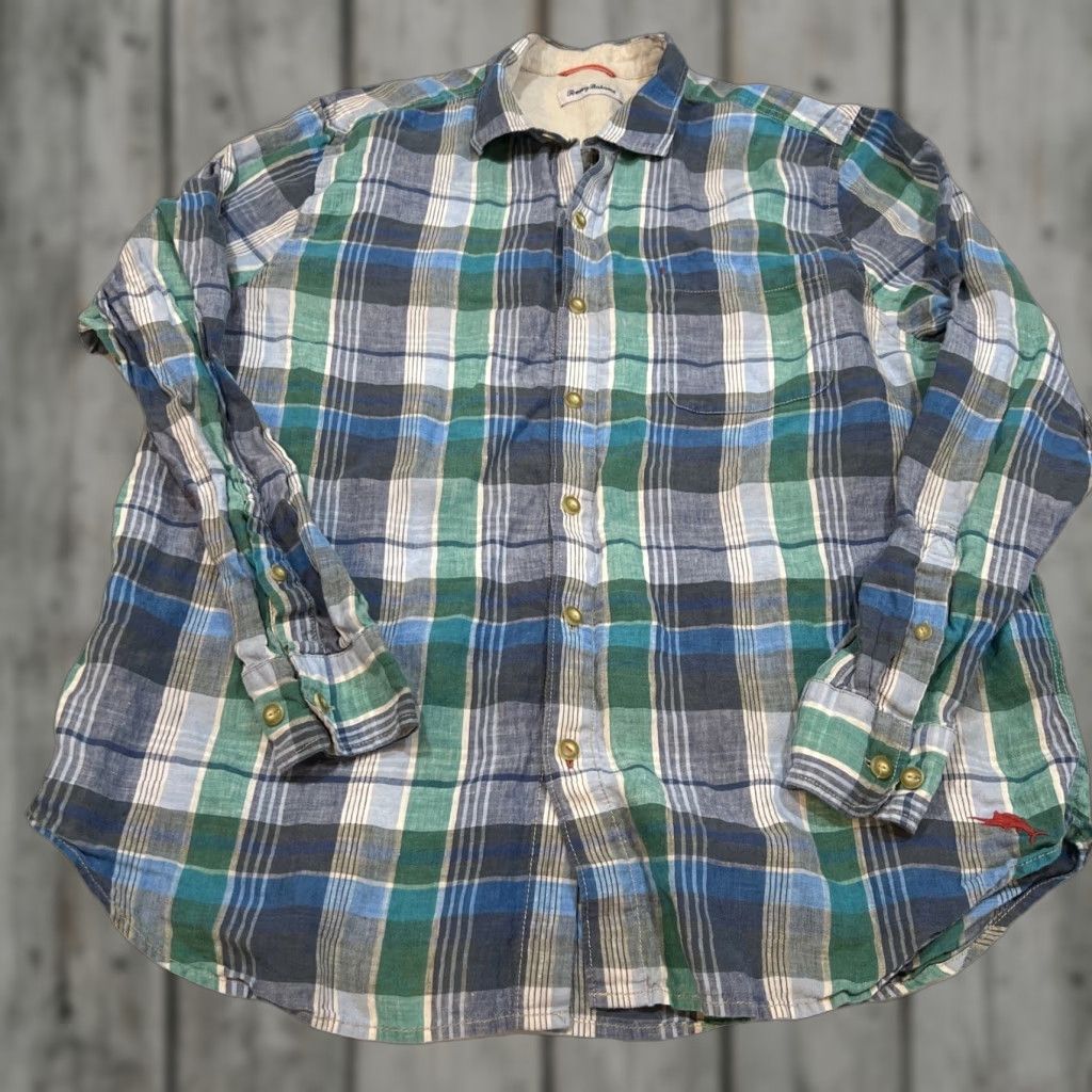 Tommy Bahama Tommy Bahama Linen Shirt Men’s XL Long Sleeve Button Up Blues Greens Plaid Beach Collared Shirt Mens XL Blue Green Linen Button-Up Size US XL / EU 56 / 4 - 1 Thumbnail