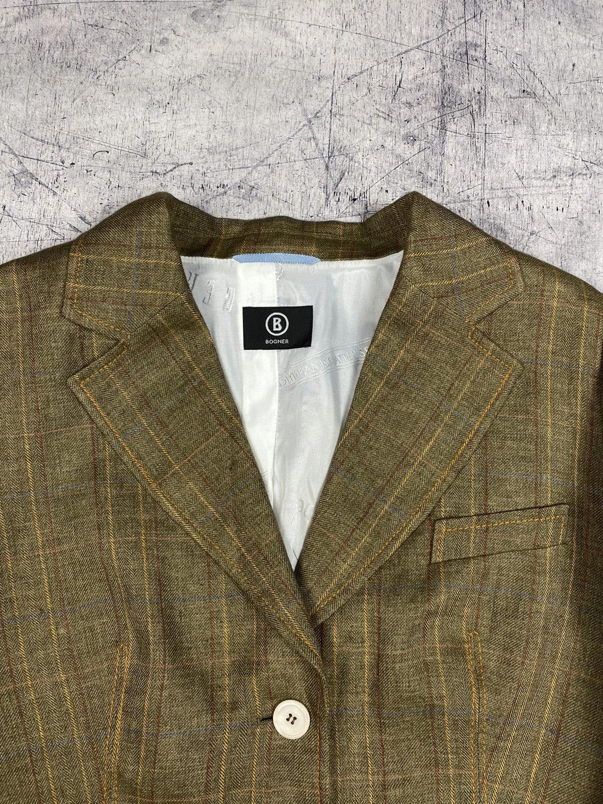 Bogner Bogner Women Olive Linen Silk Blazer Plaid Tailored Jacket Size XL / US 12-14 / IT 48-50 - 5 Thumbnail