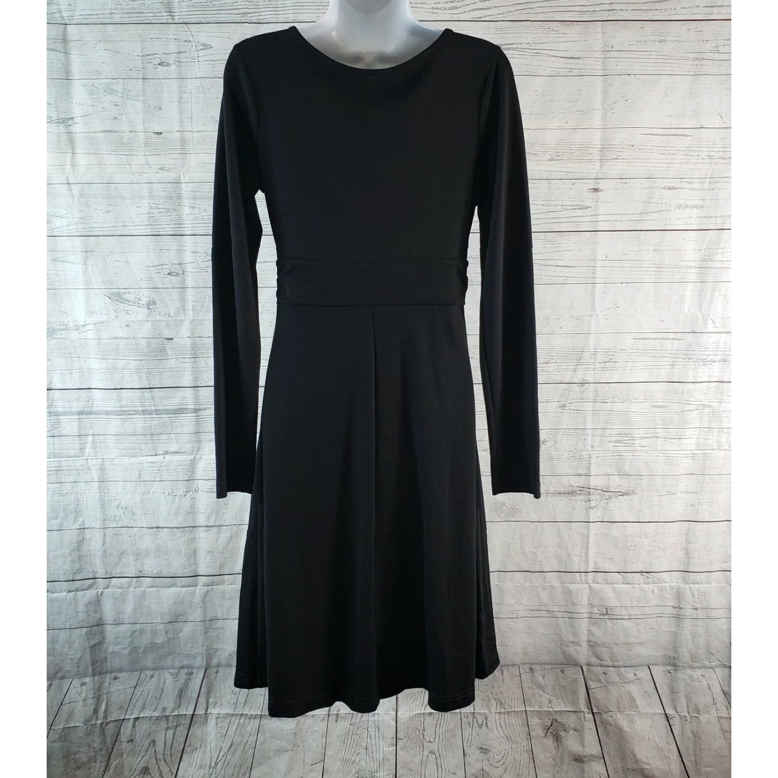 Eddie Bauer Eddie Bauer Womens Dress Solid Black Long Sleeve V-Neck Sz S Knit Ponte Knit Viscose Blend Knee Length Fit & Flare Womens Size S / US 4 / IT 40 - 4 Thumbnail
