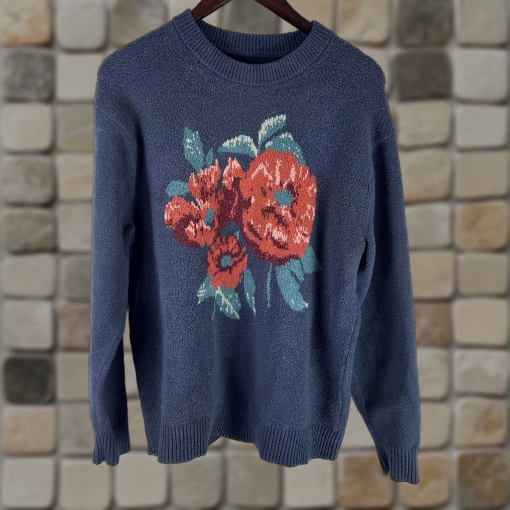 Abercrombie & Fitch Abercrombie & Fitch Mens M Navy Flower Crewneck Pullover Sweater Blue Floral Knit Crewneck Oversized Fall Winter Shirt? Size US M / EU 48-50 / 2 - 1 Thumbnail