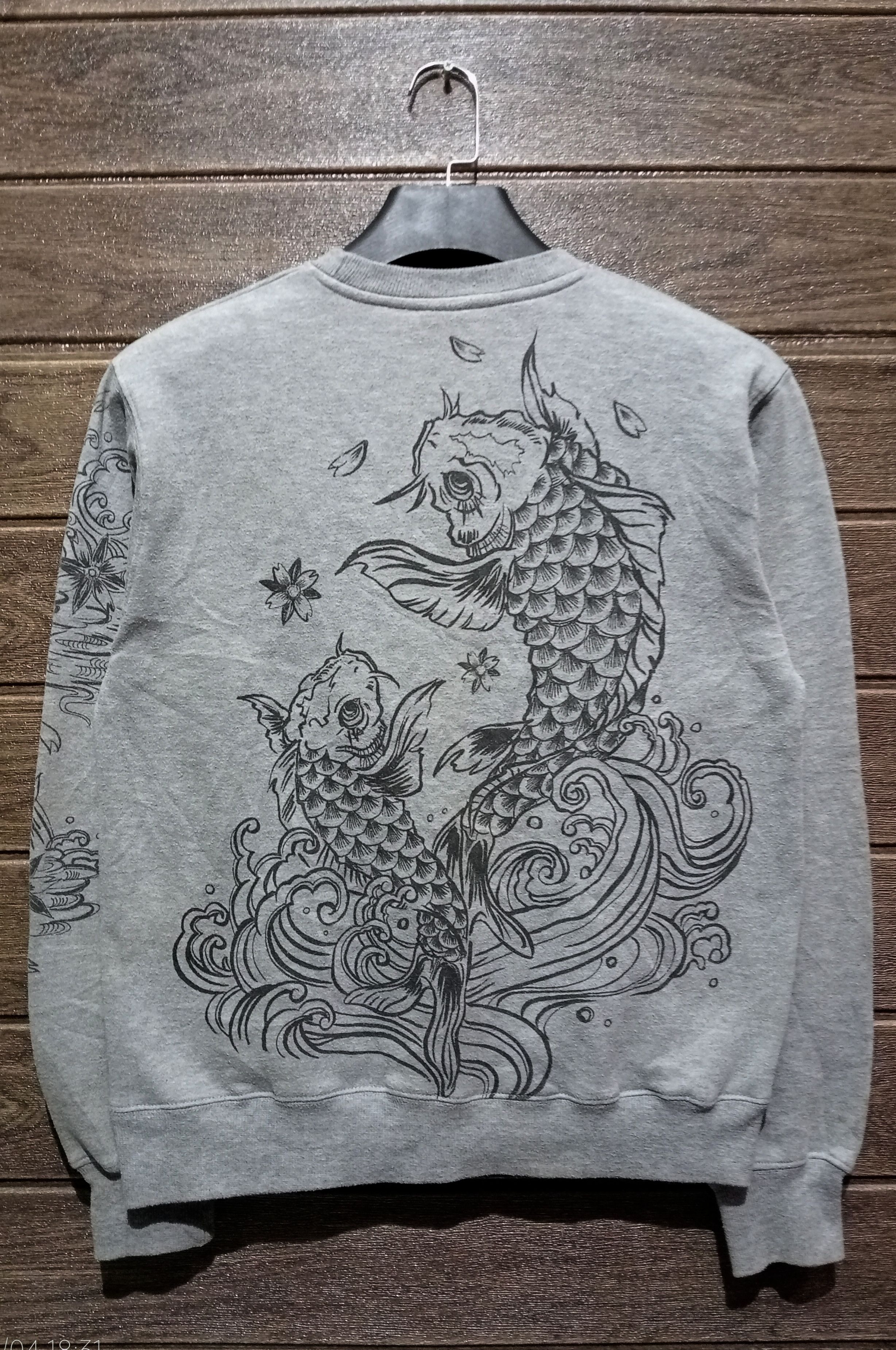 image of Art x Sukajan Souvenir Jacket Vintage Strange Heaven Sukajan Carp Crewneck Sweatshirt in Grey (Size