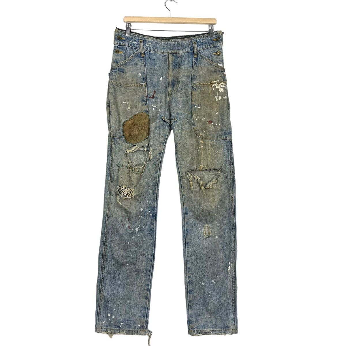 Japanese Brand THRASHED💥BLUE UNION MADE PAINTER DISTRESSED DENIM JEAN Size US 32 / EU 48 - 1 Thumbnail