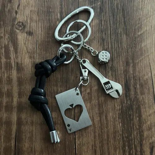 Jewelry Black Leather Knot Keychain with Metal Wrench & Dice Charms Size ONE SIZE - 6 Thumbnail
