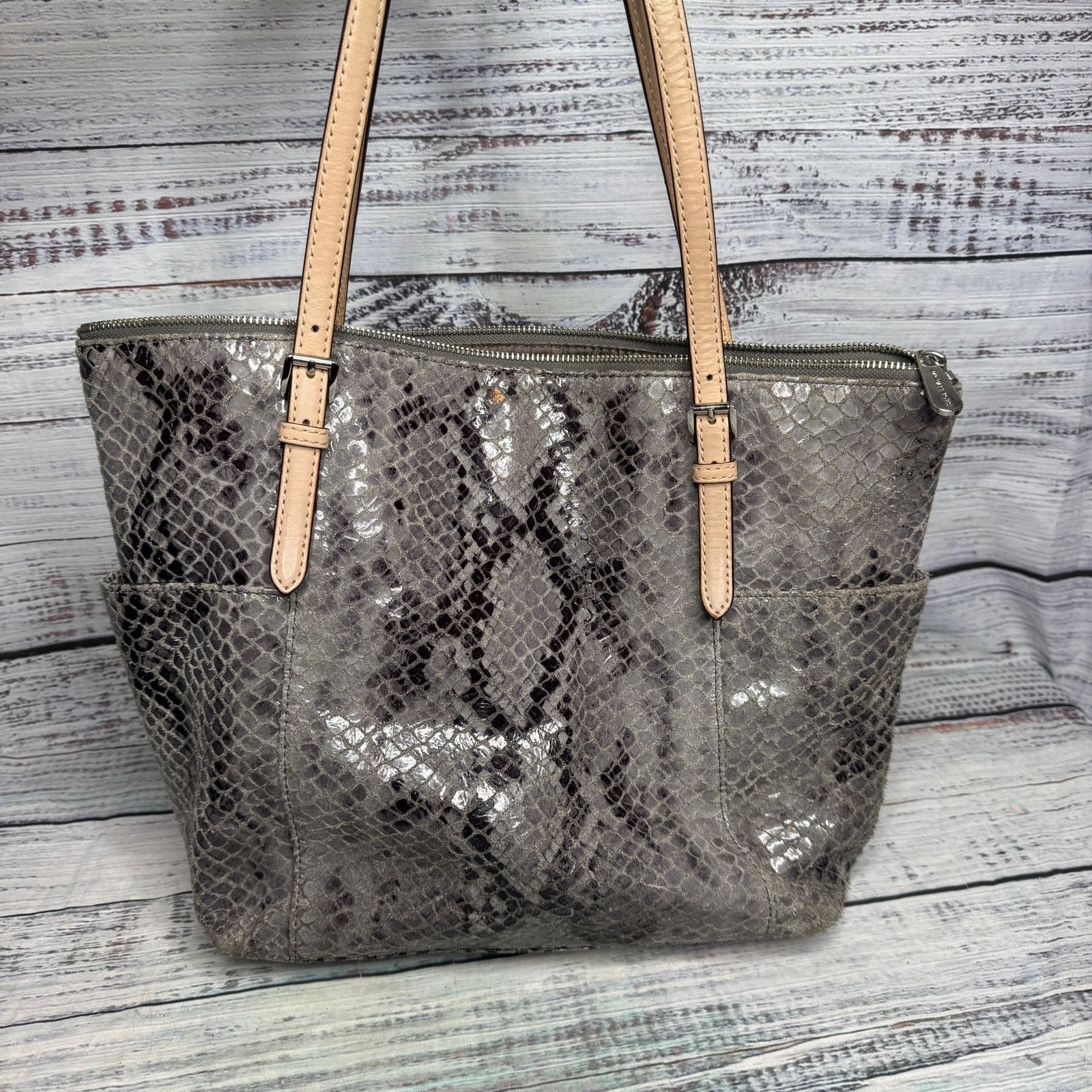 Michael Kors Michael Kors Snakeskin Print Tote Bag Gray Shoulder Purse Size ONE SIZE - 1 Thumbnail